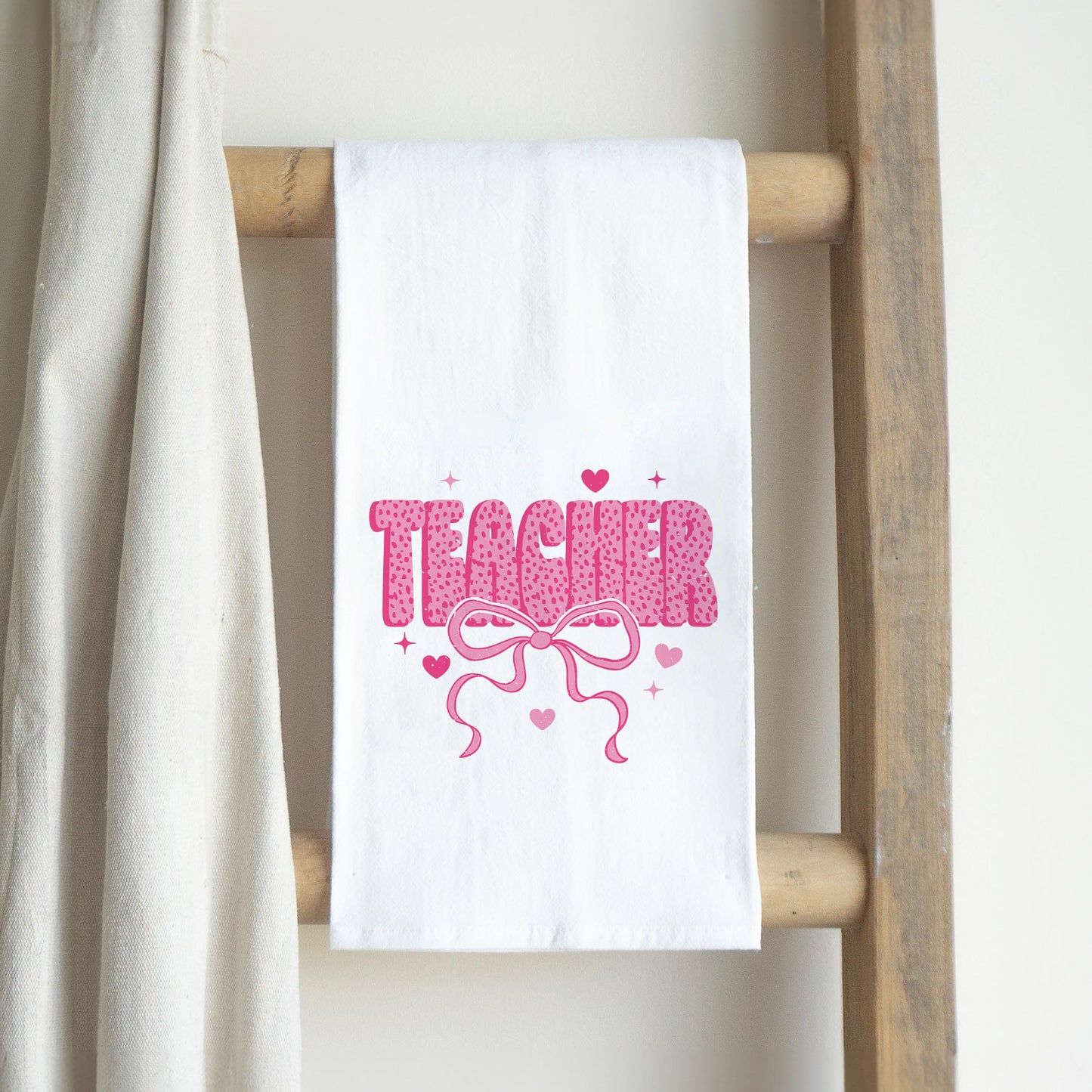 Cotton Tea Towel White-Classroom Coquette Teacher Hearts & Bow -2