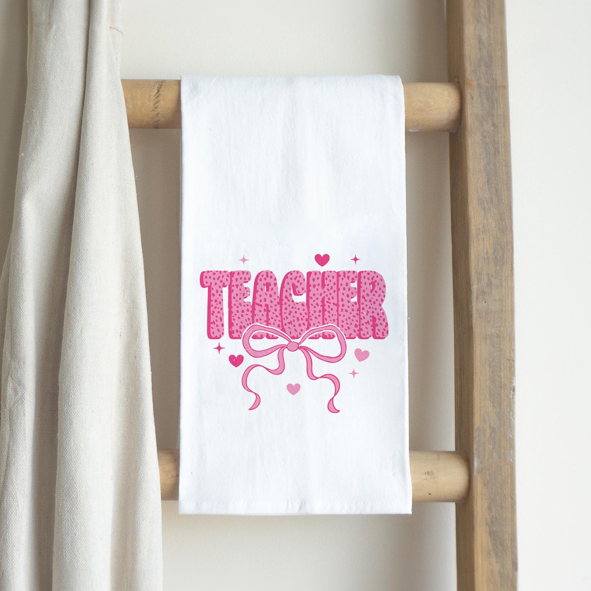 Cotton Tea Towel White-Classroom Coquette Teacher Hearts & Bow -2