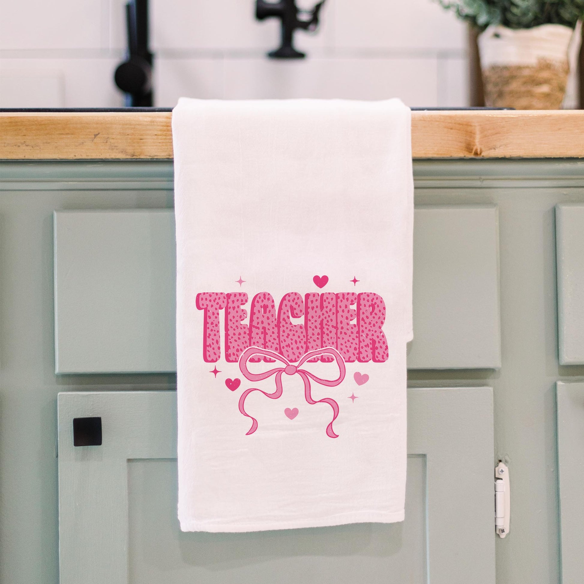 Cotton Tea Towel White-Classroom Coquette Teacher Hearts & Bow -3