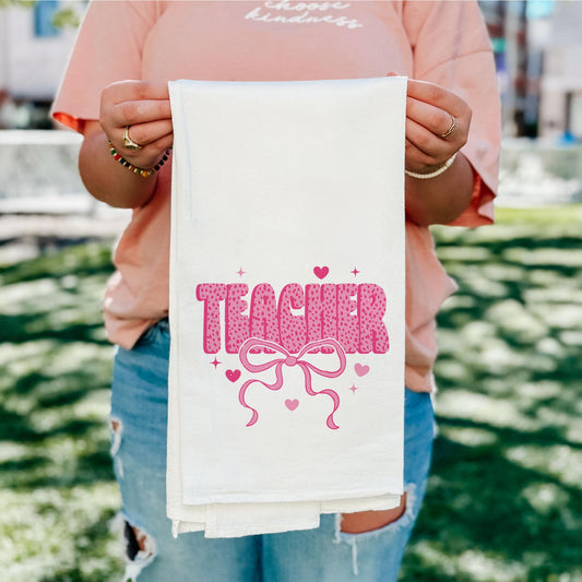 Cotton Tea Towel White-Classroom Coquette Teacher Hearts & Bow -5
