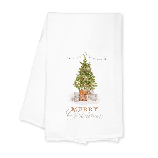 Cotton Tea Towel White-Cottage Tree Merry Christmas