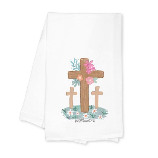 Cotton Tea Towel White-Floral Cross Matthew 28:6