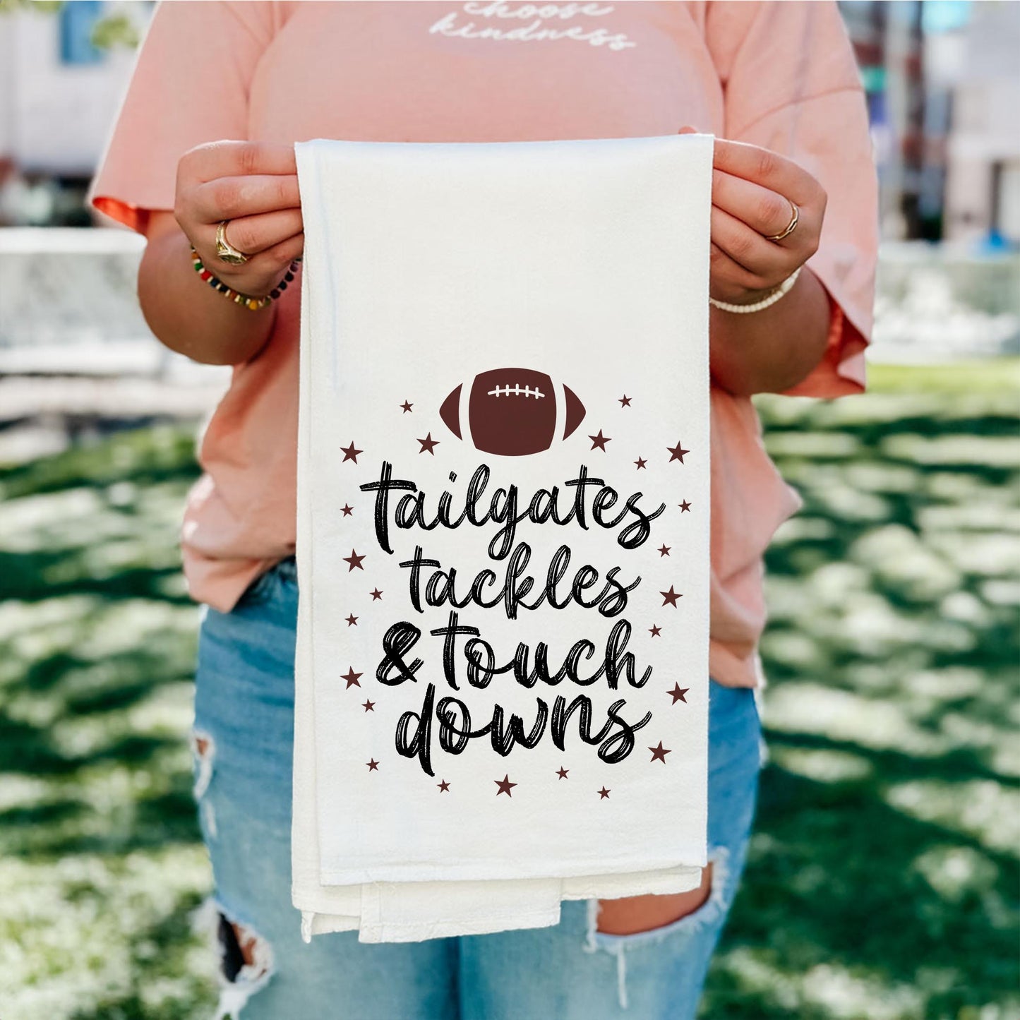 Cotton Tea Towel White-Tailgates Tackles & Touchdowns Stars