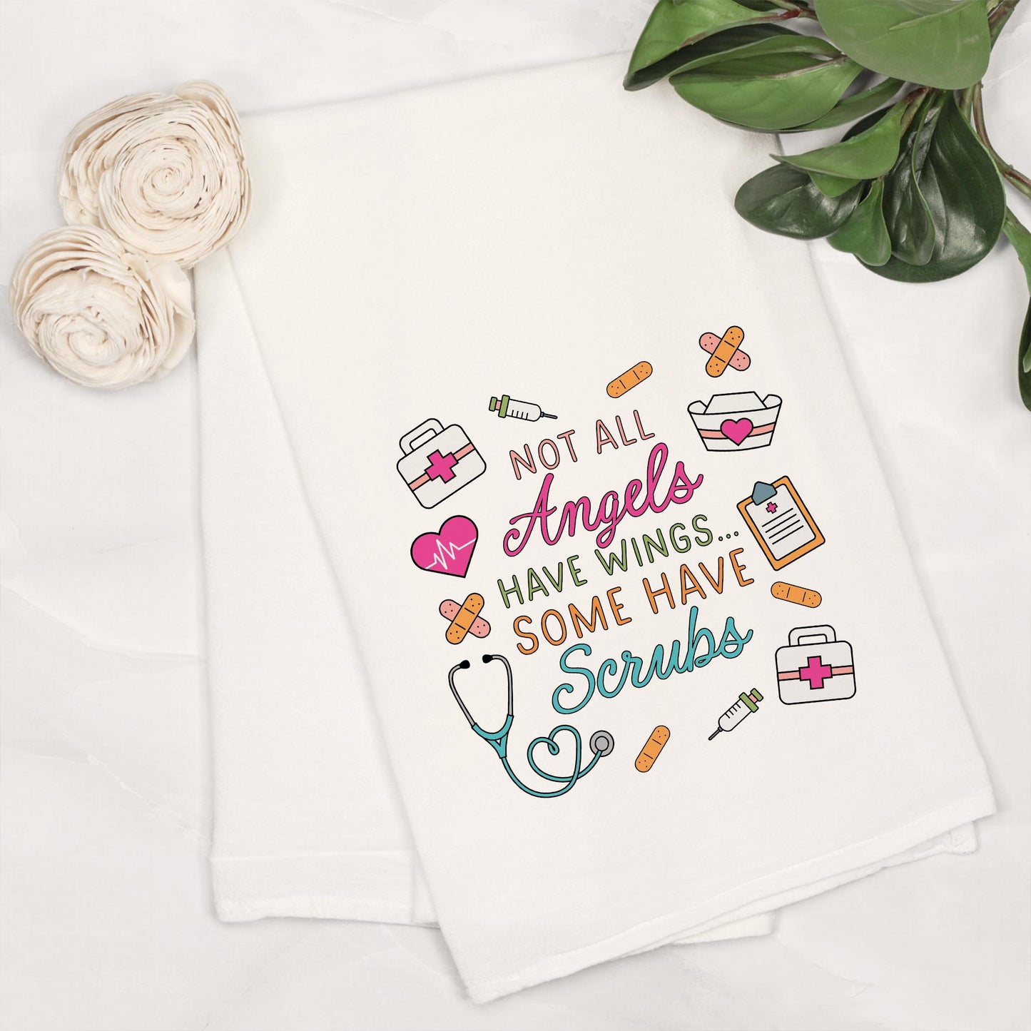 Cotton Tea Towel White-Some Angels Have Scrubs