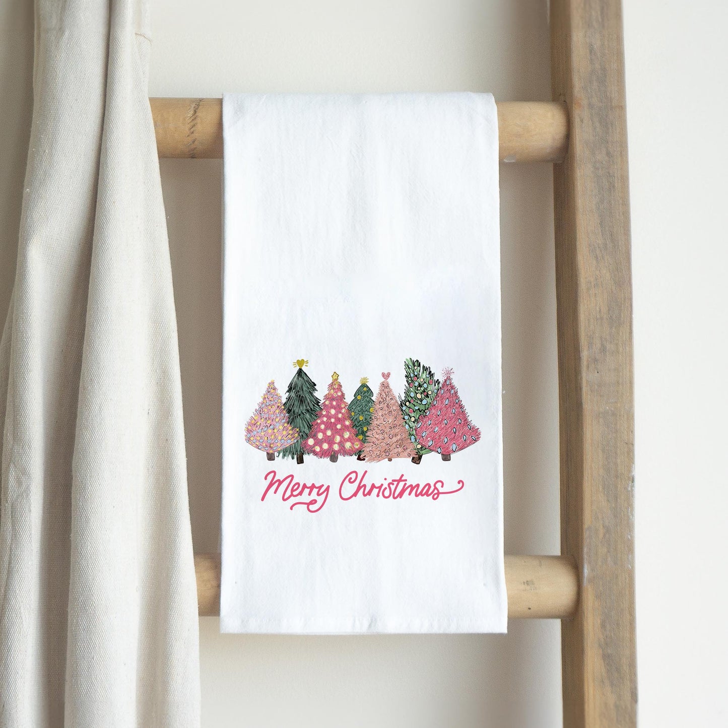 Cotton Tea Towel White-Pink Trees Merry Christmas
