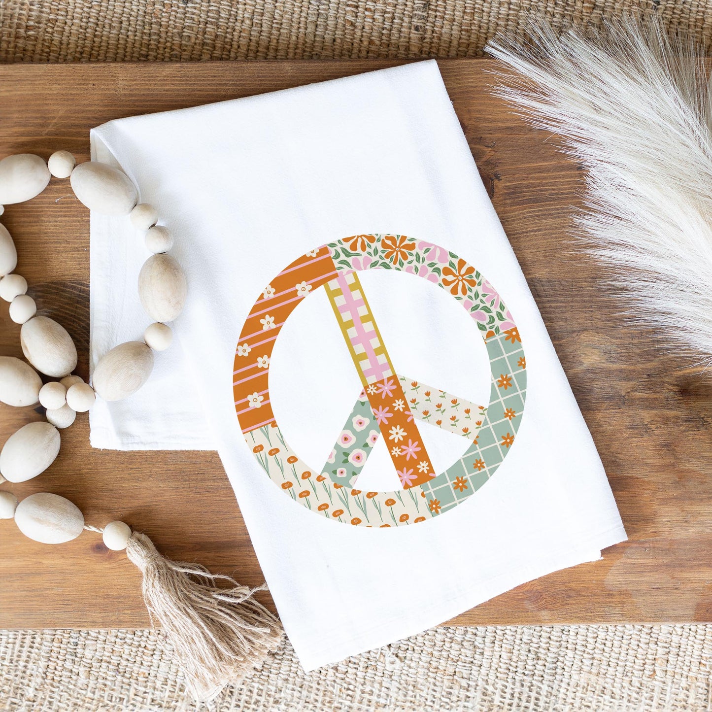 Cotton Tea Towel White-Spring Patch Peace Sign