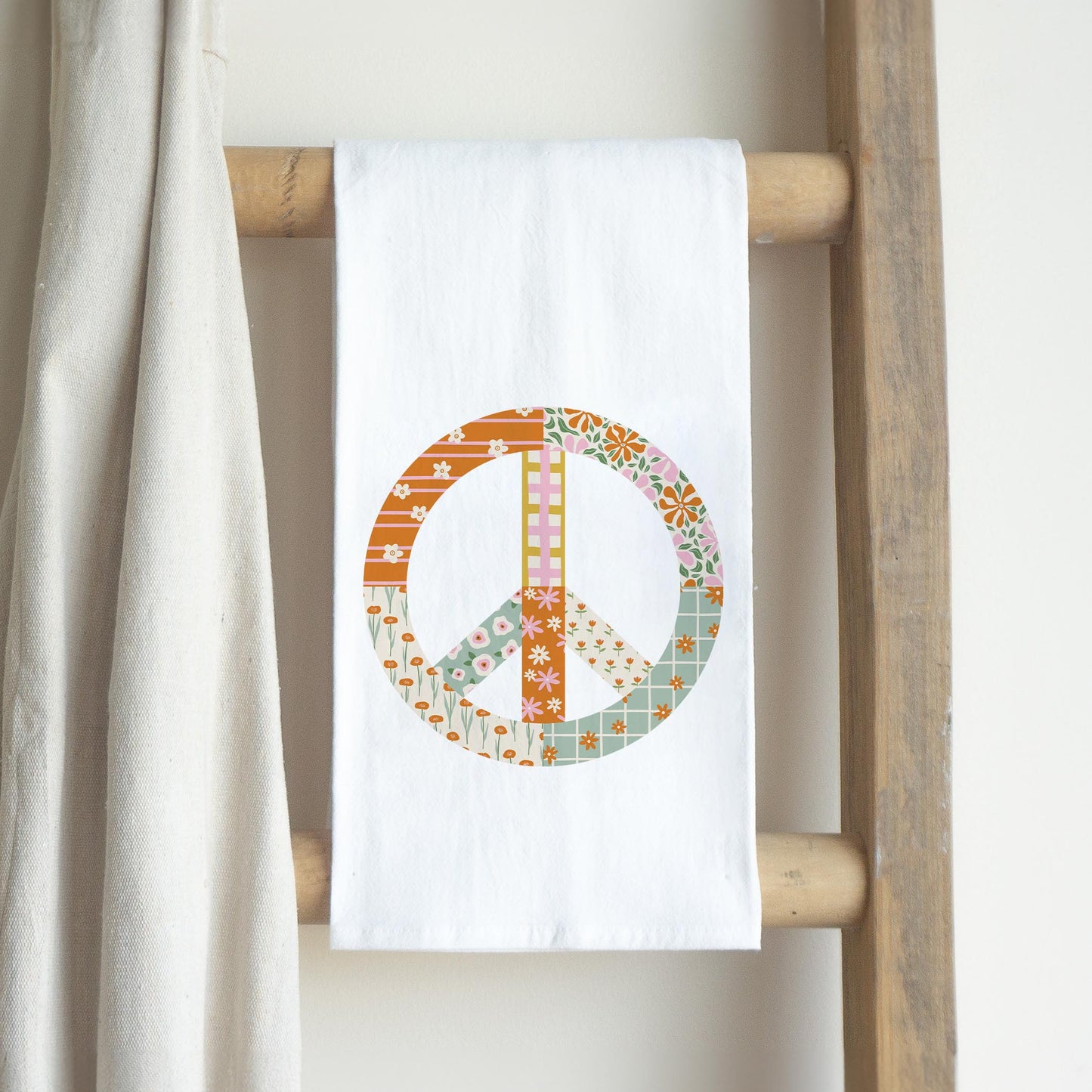 Cotton Tea Towel White-Spring Patch Peace Sign