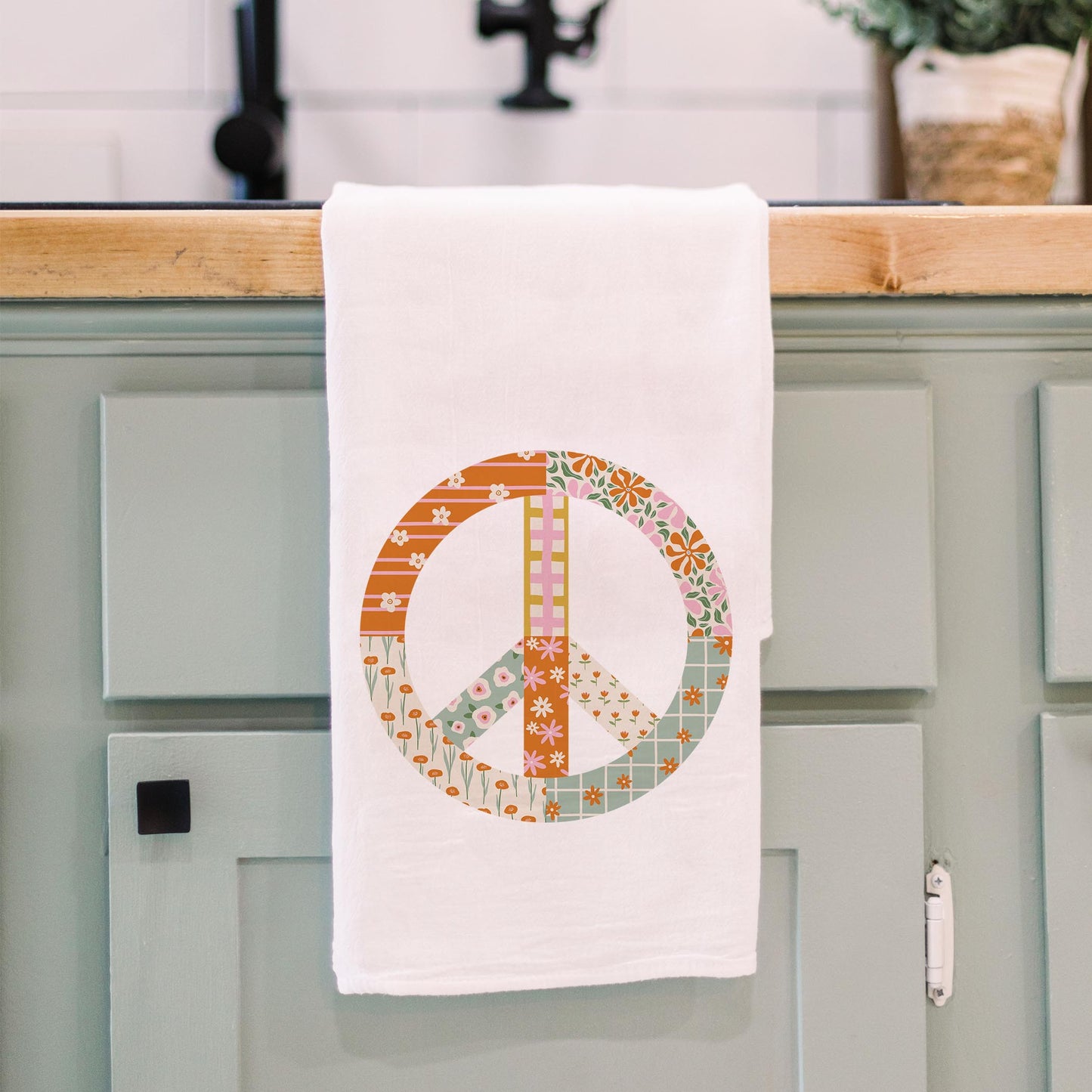 Cotton Tea Towel White-Spring Patch Peace Sign