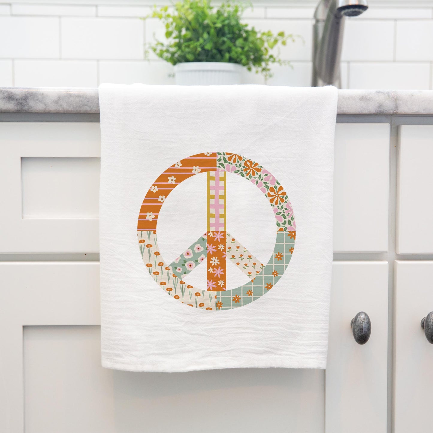 Cotton Tea Towel White-Spring Patch Peace Sign