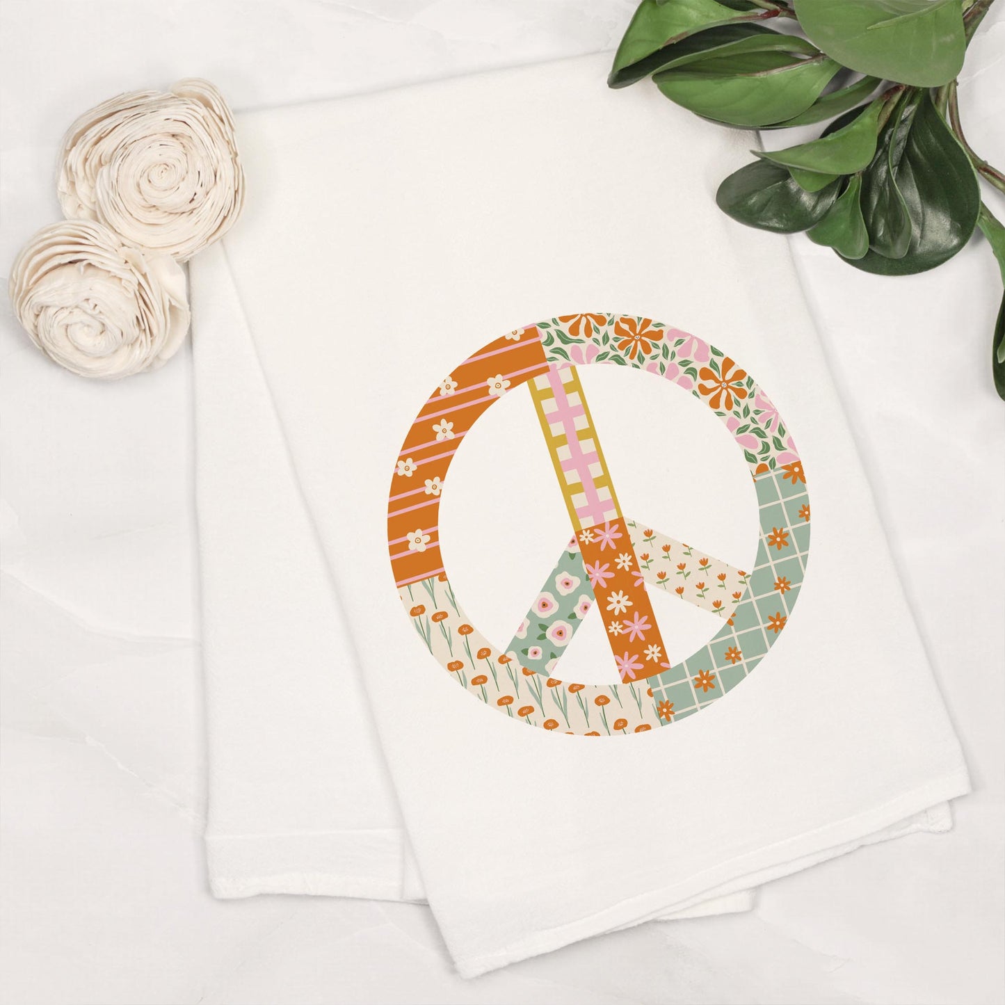 Cotton Tea Towel White-Spring Patch Peace Sign