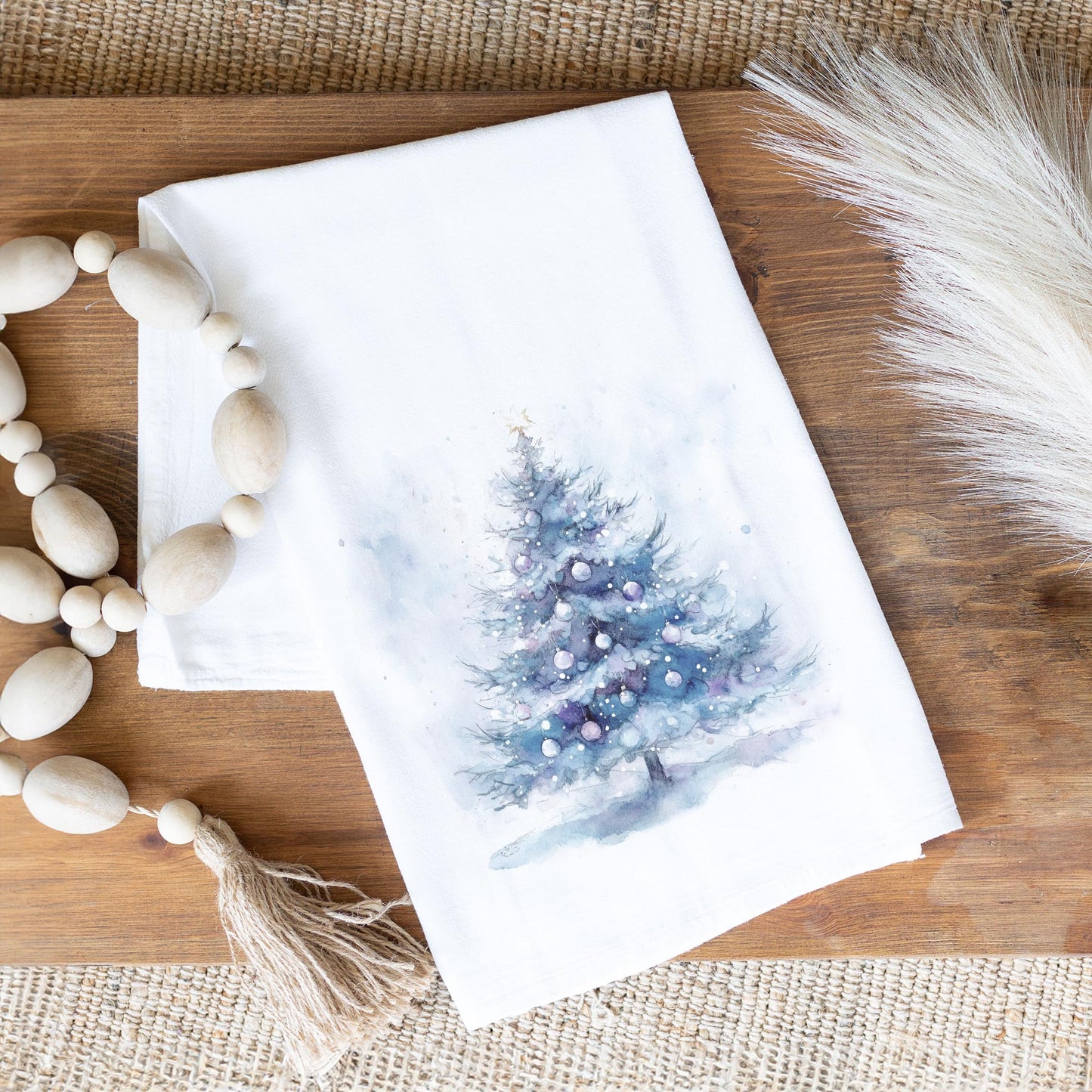 Cotton Tea Towel White-Holiday Tidings Watercolor Christmas Tree -1
