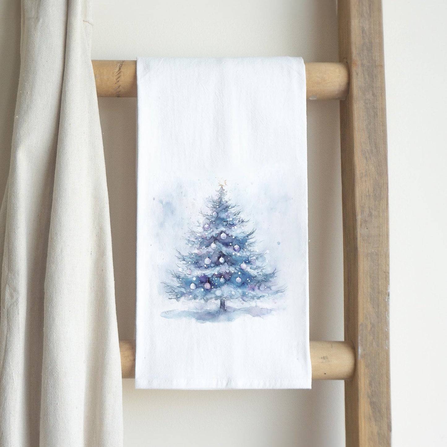 Cotton Tea Towel White-Holiday Tidings Watercolor Christmas Tree -2