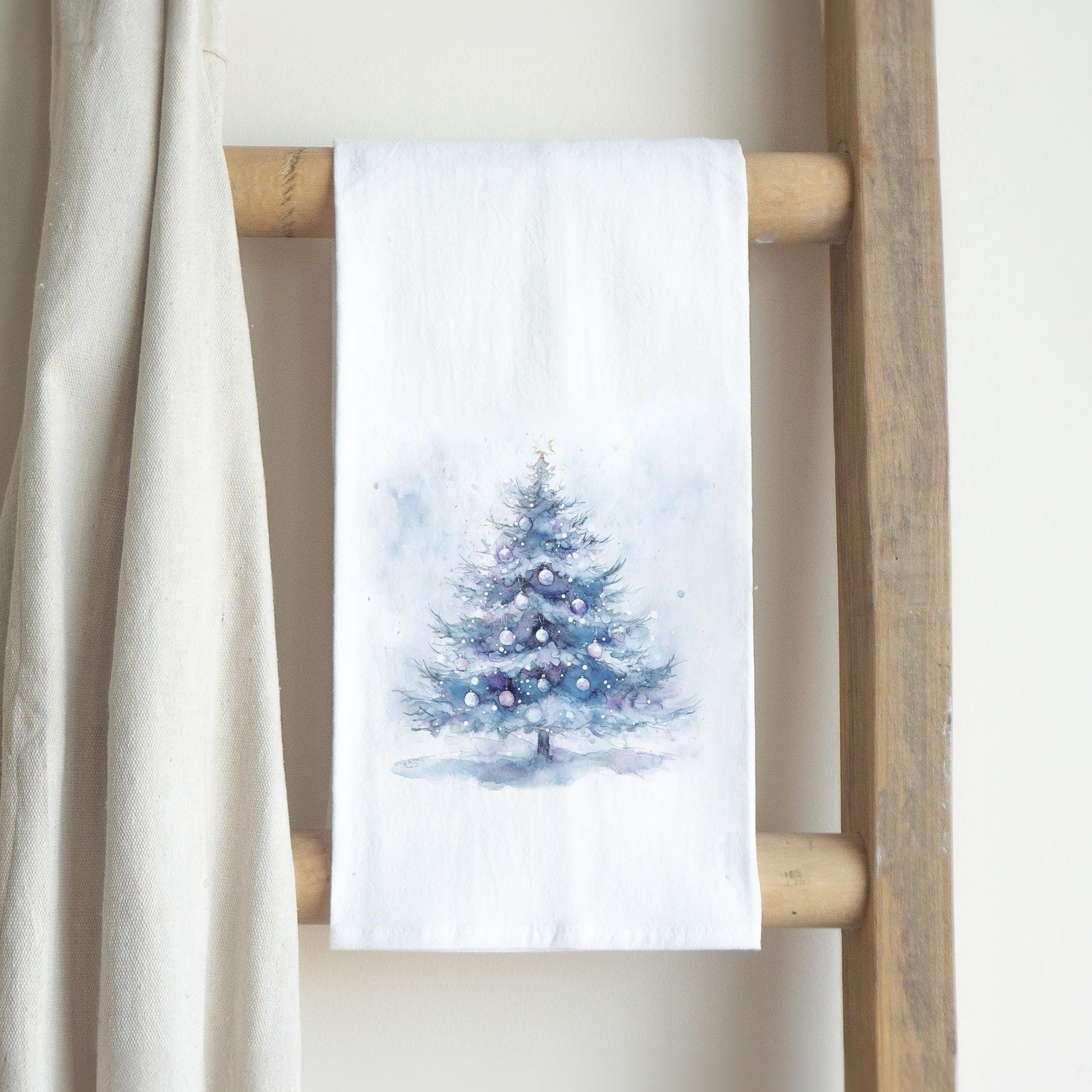 Cotton Tea Towel White-Holiday Tidings Watercolor Christmas Tree -2