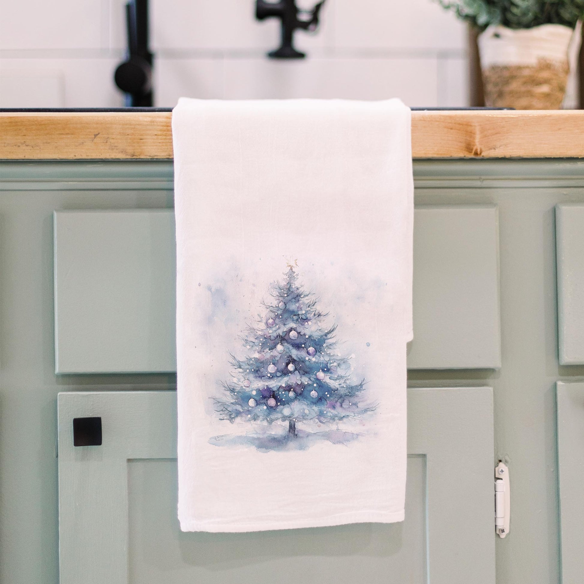 Cotton Tea Towel White-Holiday Tidings Watercolor Christmas Tree -3