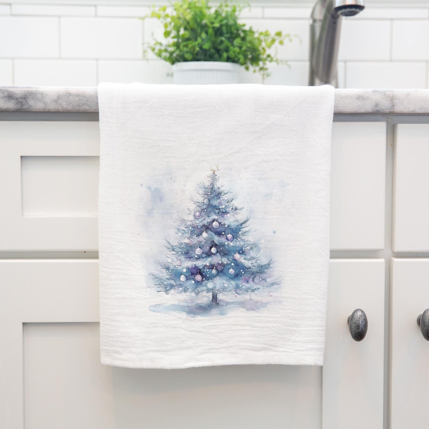 Cotton Tea Towel White-Holiday Tidings Watercolor Christmas Tree -4