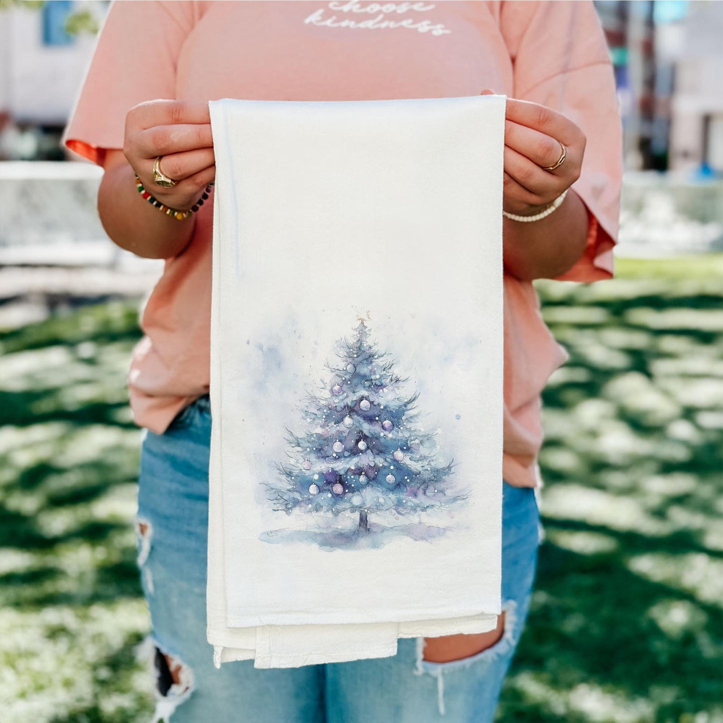 Cotton Tea Towel White-Holiday Tidings Watercolor Christmas Tree -5
