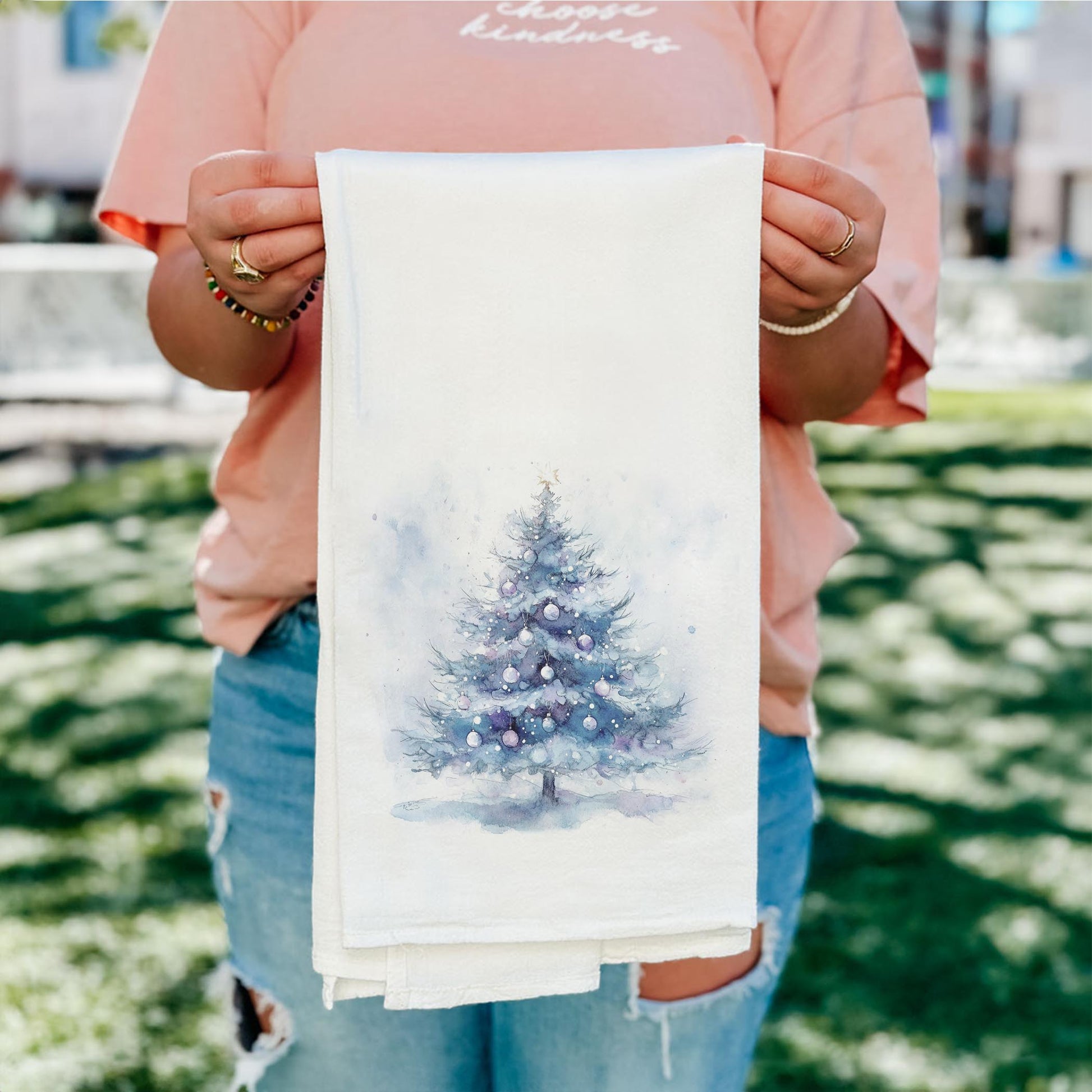 Cotton Tea Towel White-Holiday Tidings Watercolor Christmas Tree -5