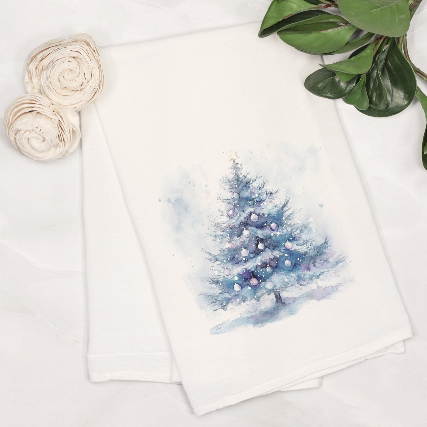 Cotton Tea Towel White-Holiday Tidings Watercolor Christmas Tree -6