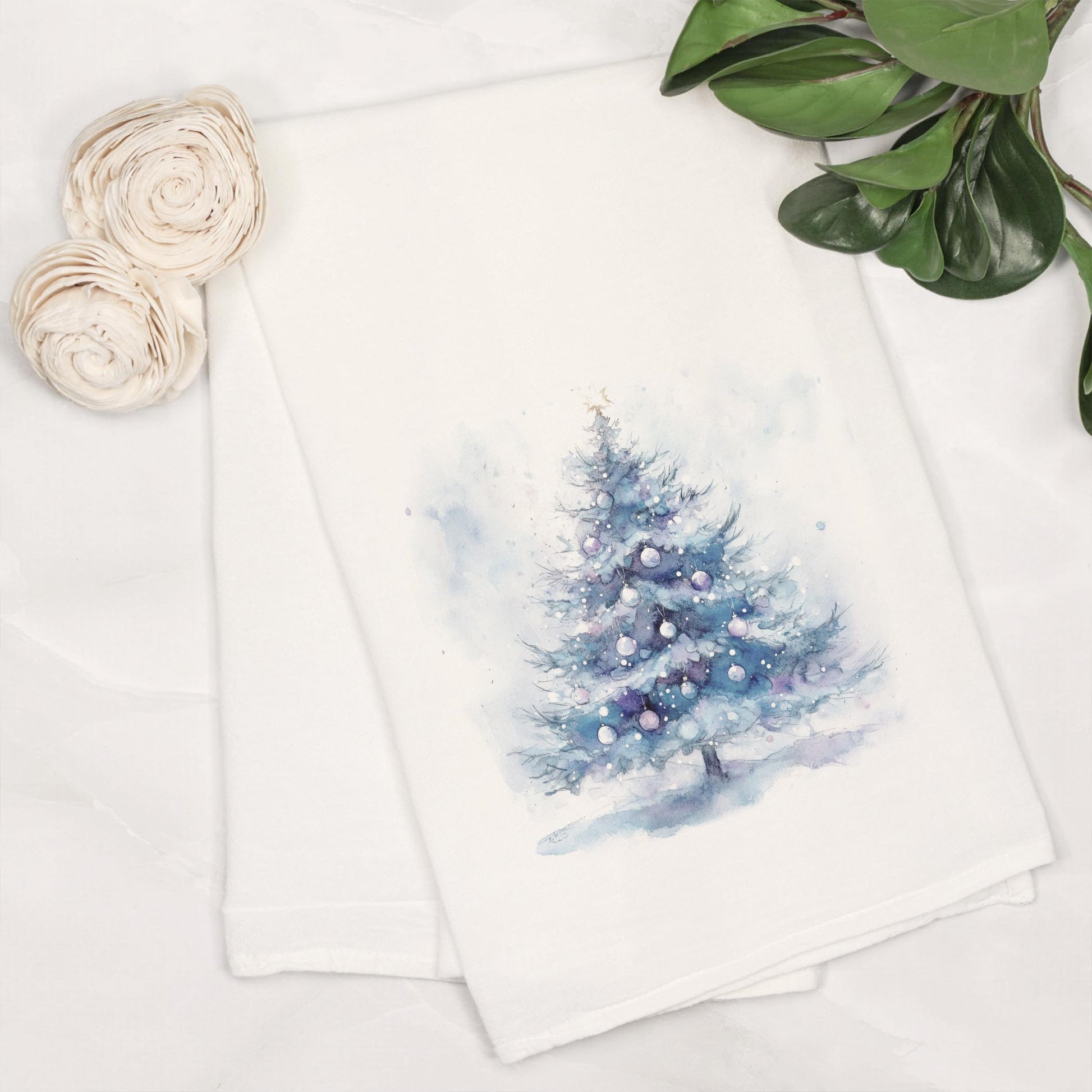 Cotton Tea Towel White-Holiday Tidings Watercolor Christmas Tree -6