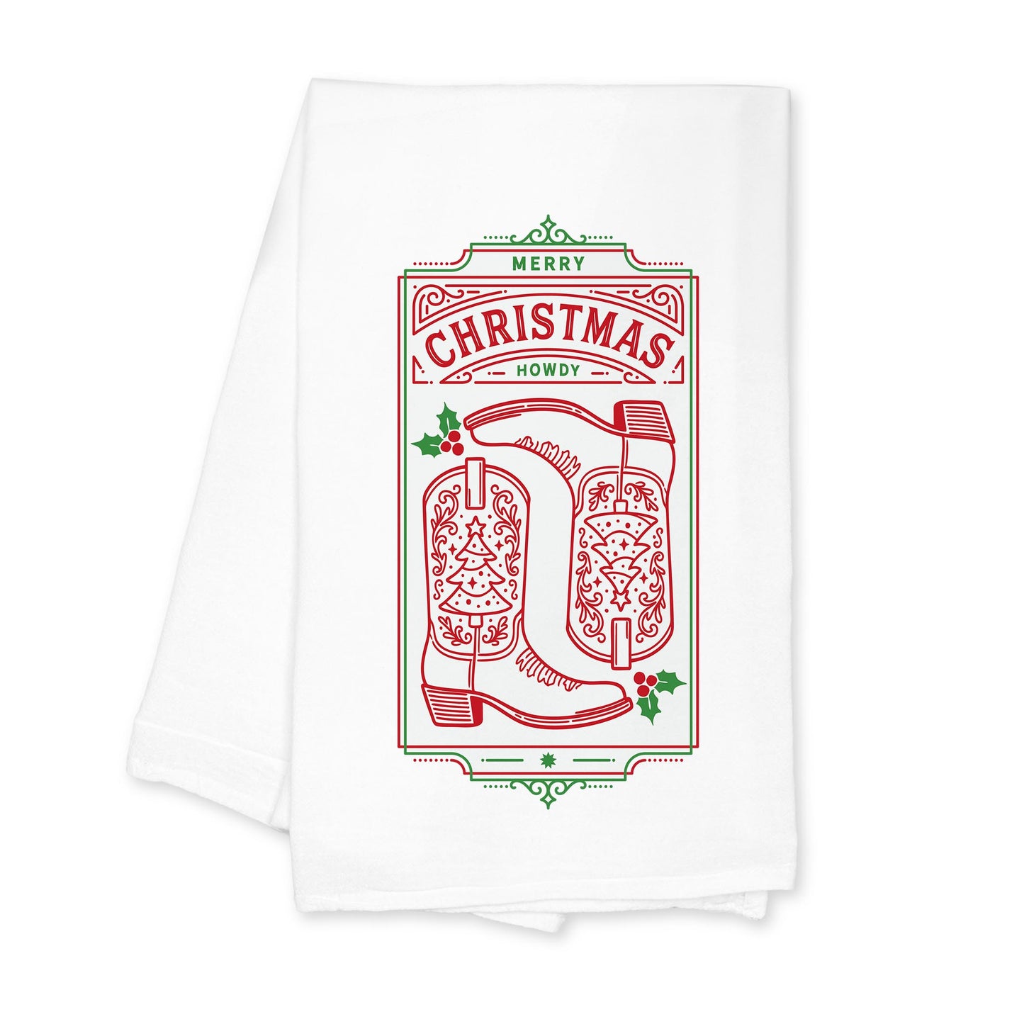 Cotton Tea Towel White-Western Christmas -0