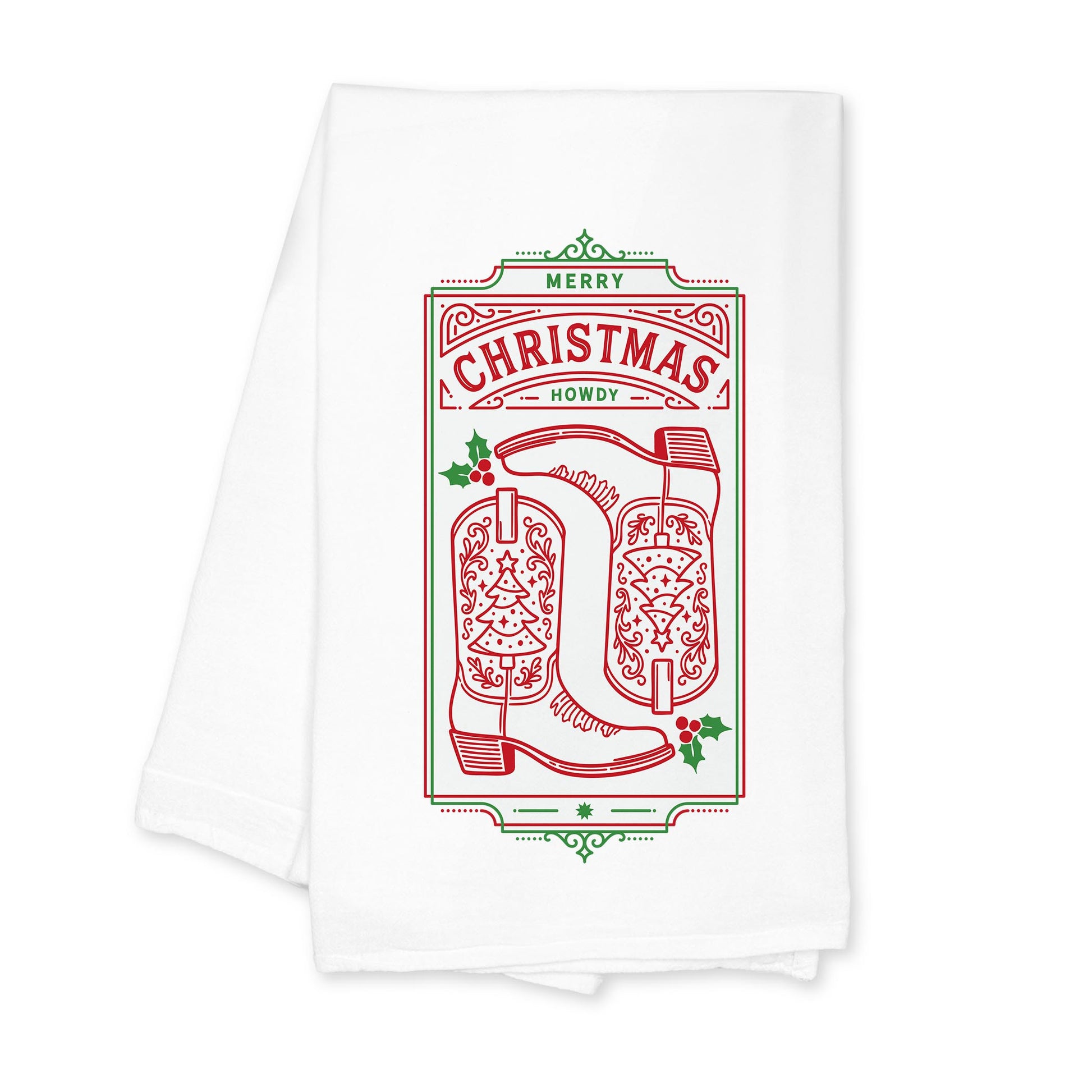 Cotton Tea Towel White-Western Christmas -0