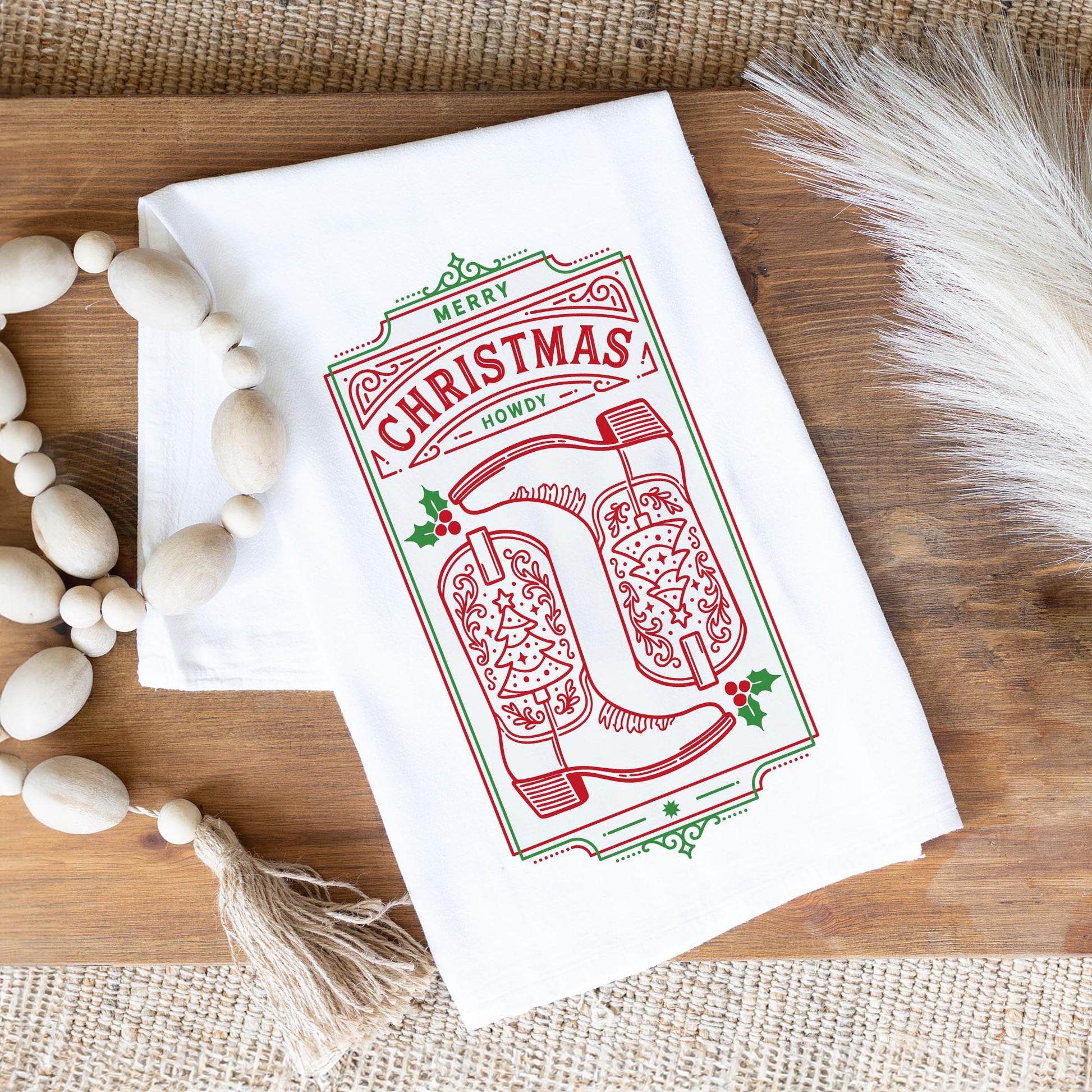 Cotton Tea Towel White-Western Christmas -1