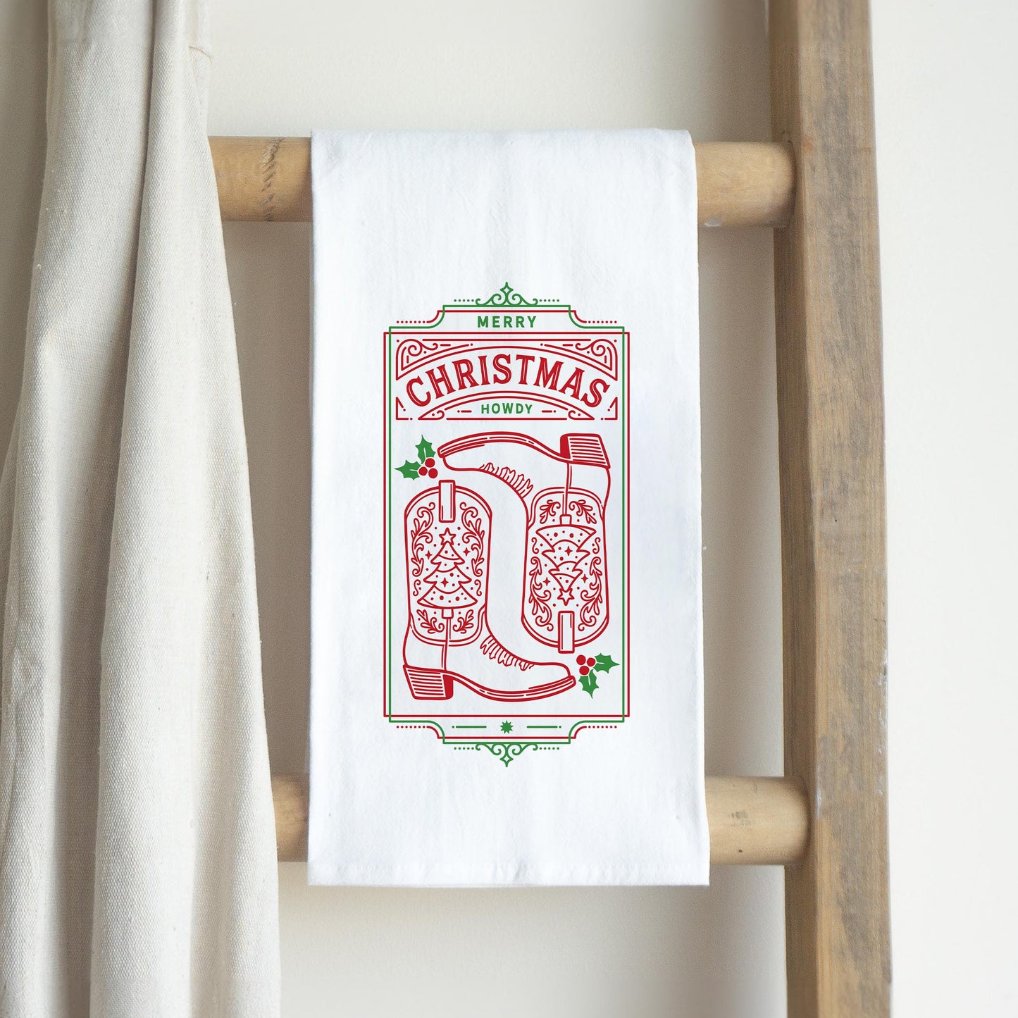 Cotton Tea Towel White-Western Christmas -2