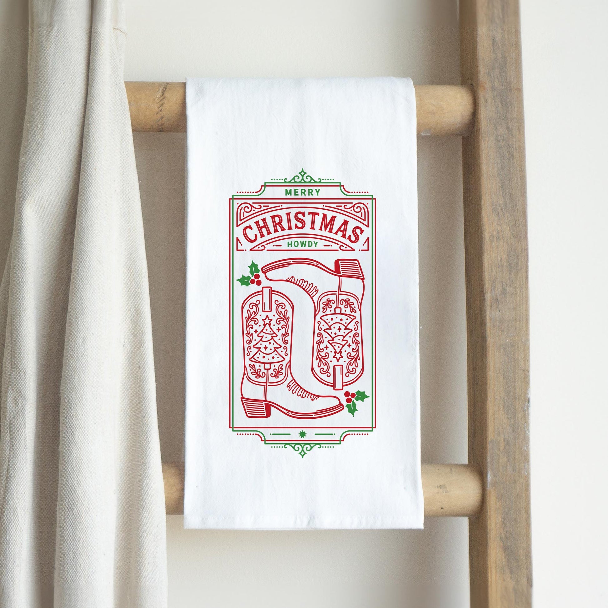 Cotton Tea Towel White-Western Christmas -2