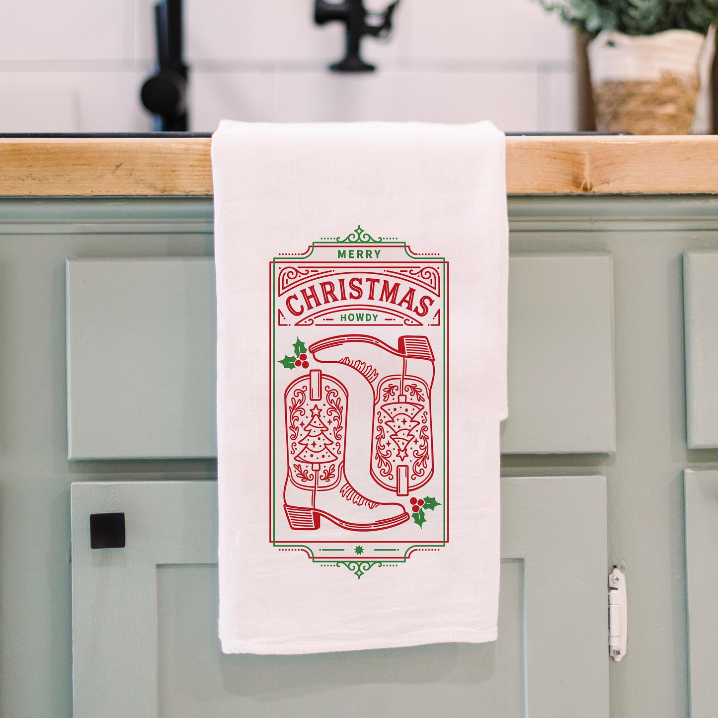 Cotton Tea Towel White-Western Christmas -3