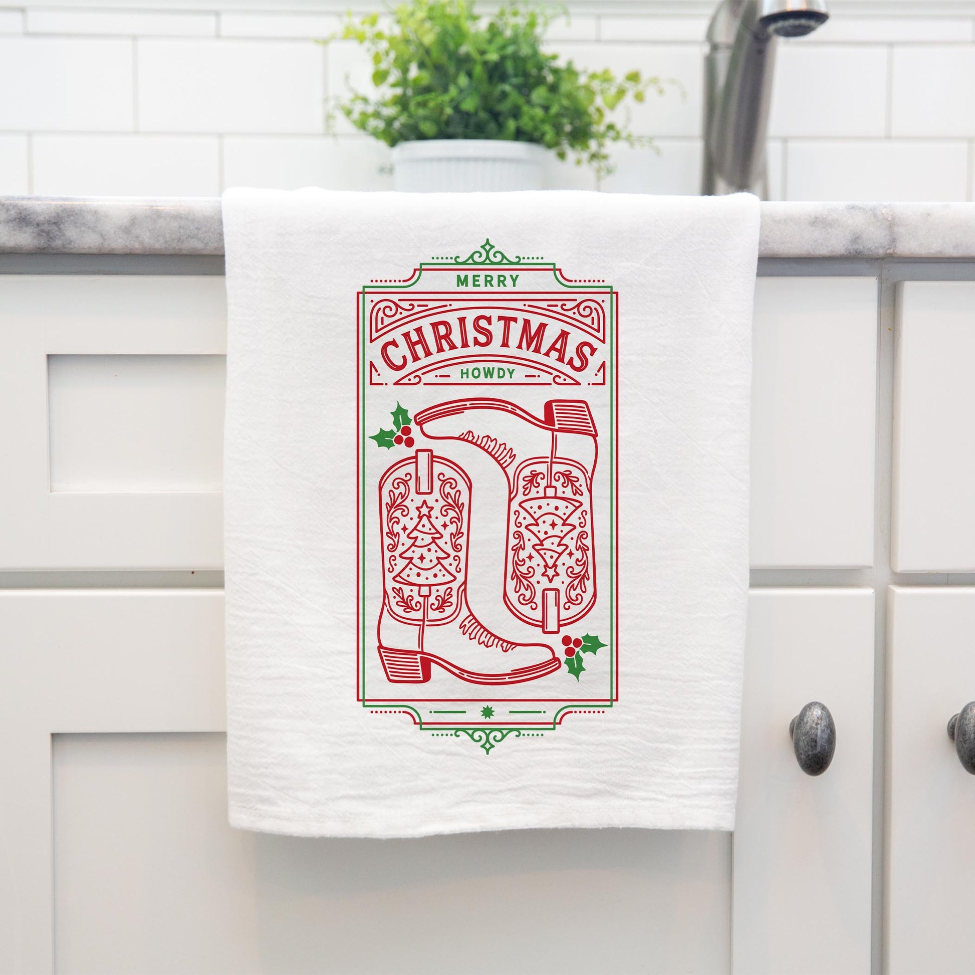 Cotton Tea Towel White-Western Christmas -4