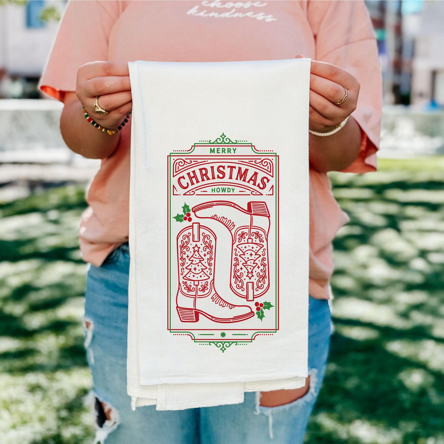 Cotton Tea Towel White-Western Christmas -5