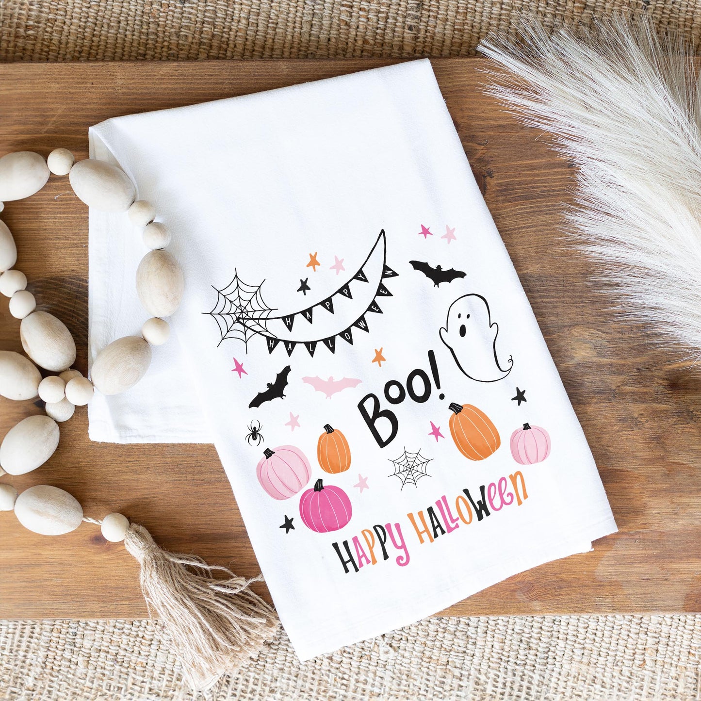 Cotton Tea Towel White-Happy Ghost Happy Halloween