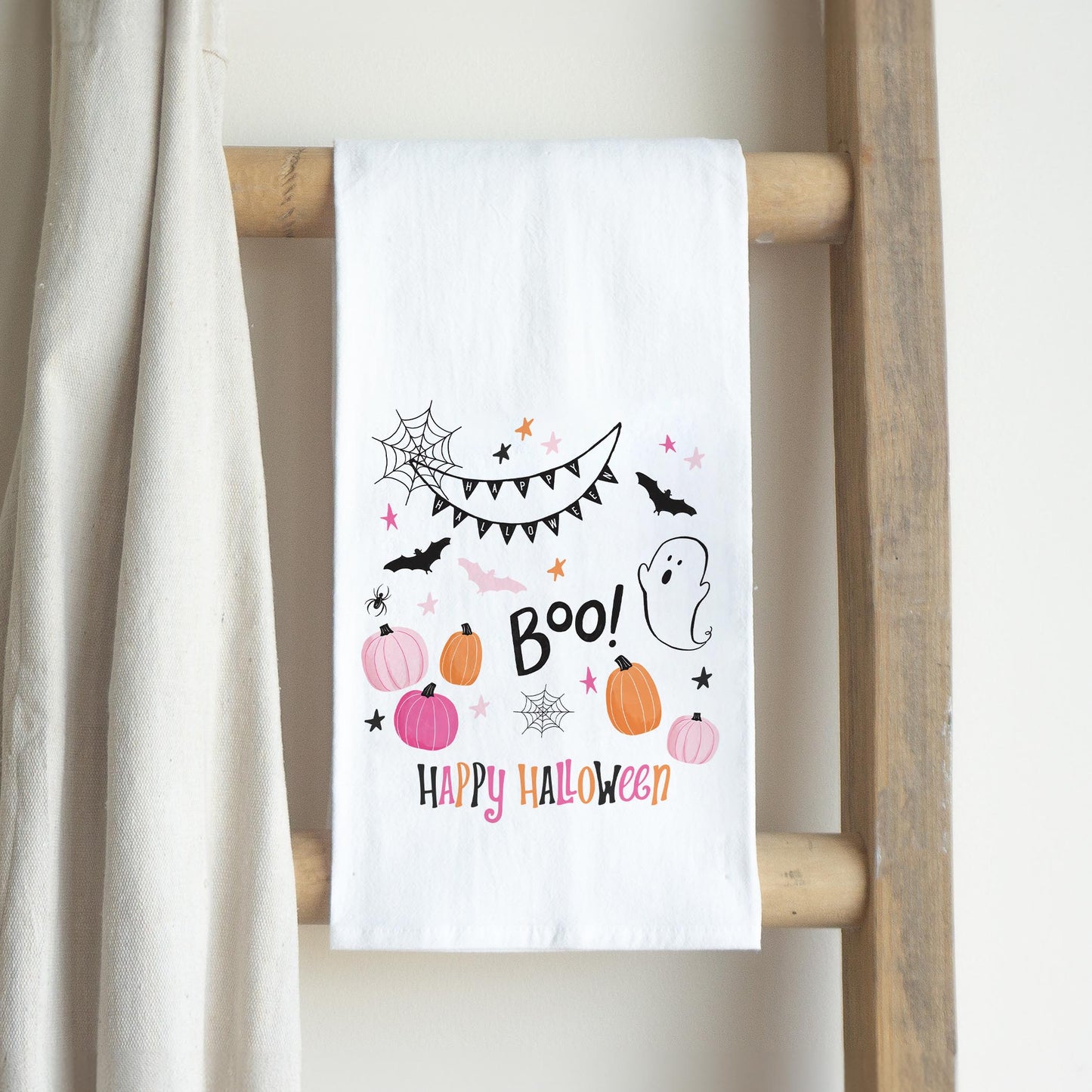 Cotton Tea Towel White-Happy Ghost Happy Halloween