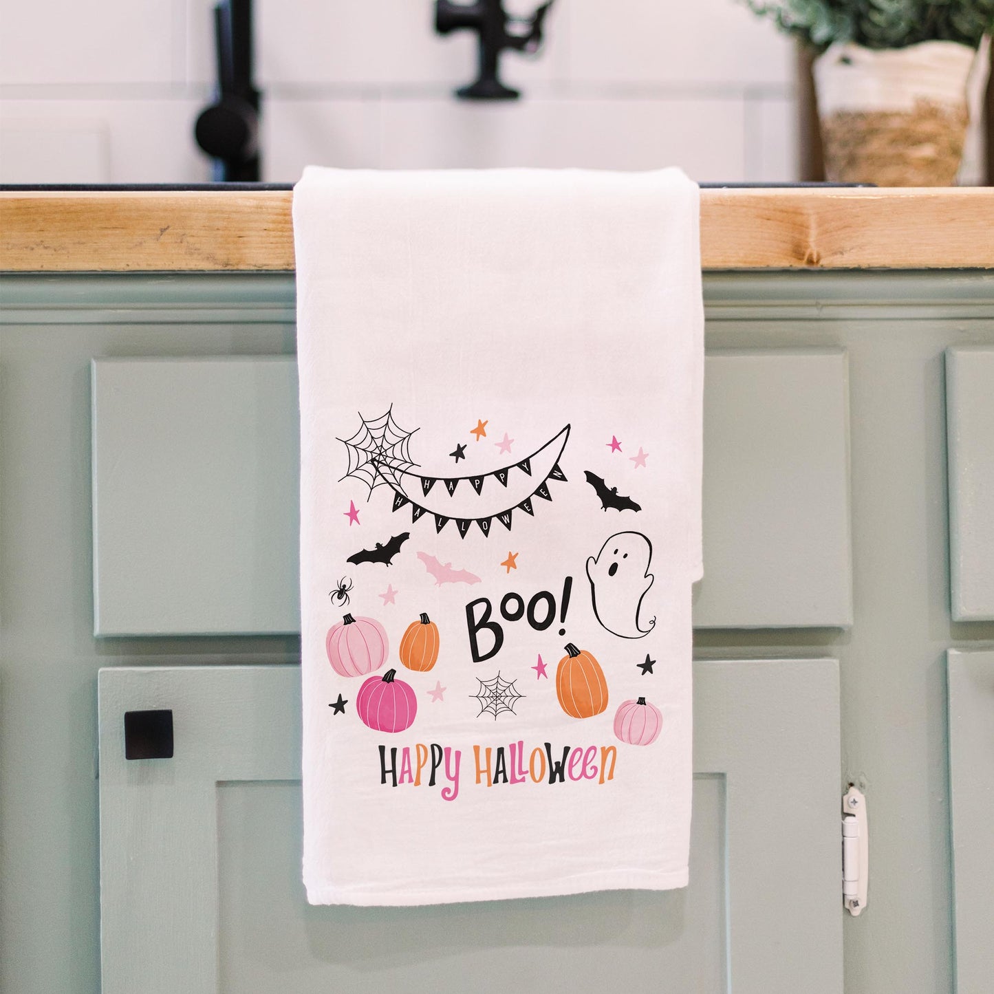 Cotton Tea Towel White-Happy Ghost Happy Halloween