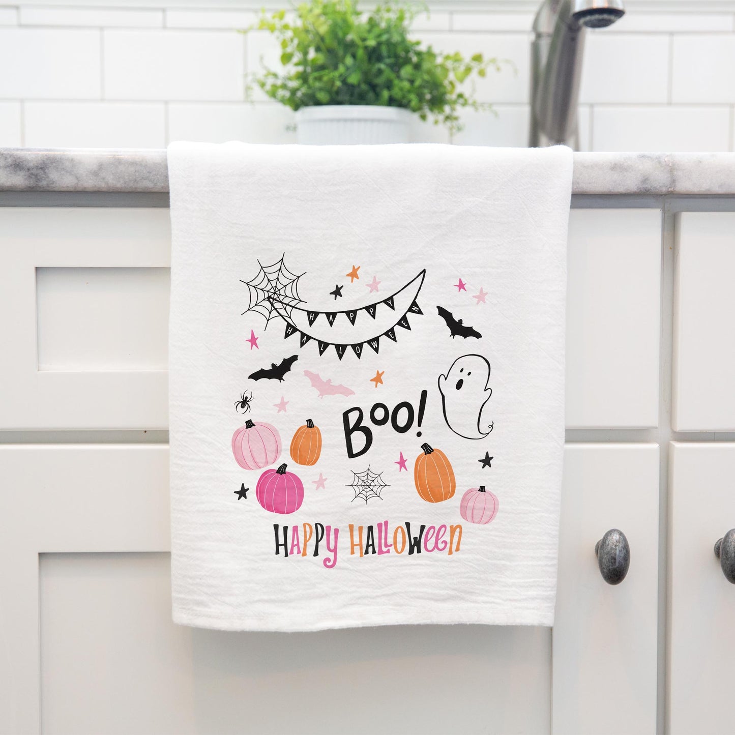 Cotton Tea Towel White-Happy Ghost Happy Halloween