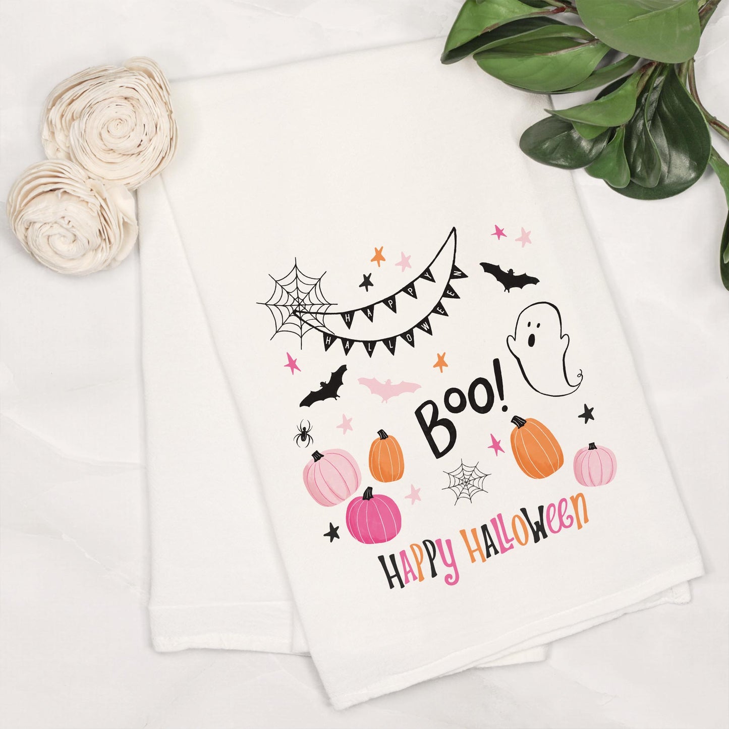 Cotton Tea Towel White-Happy Ghost Happy Halloween