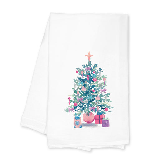 Cotton Tea Towel White-Watercolor Sugar Plum Christmas Tree -0