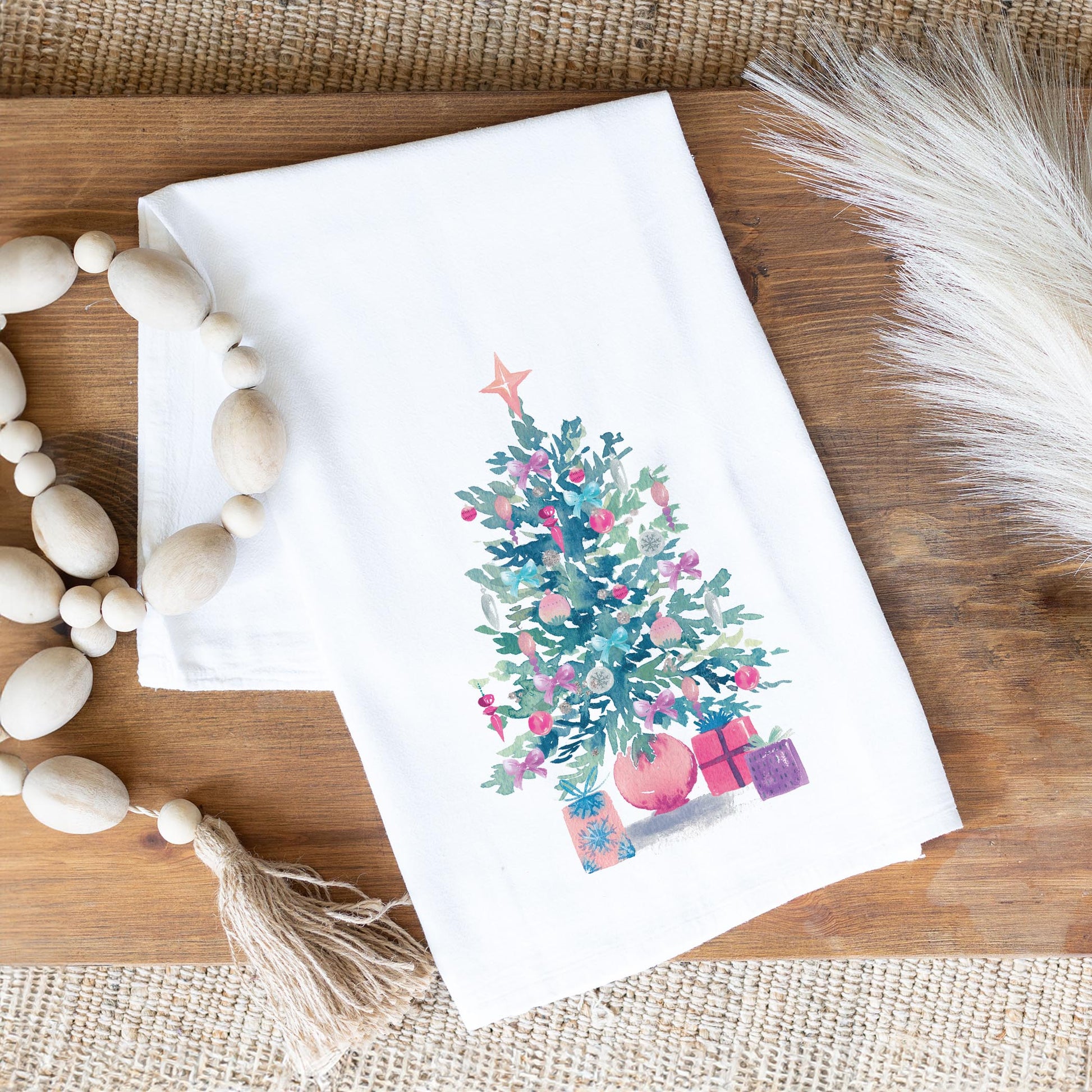 Cotton Tea Towel White-Watercolor Sugar Plum Christmas Tree -1