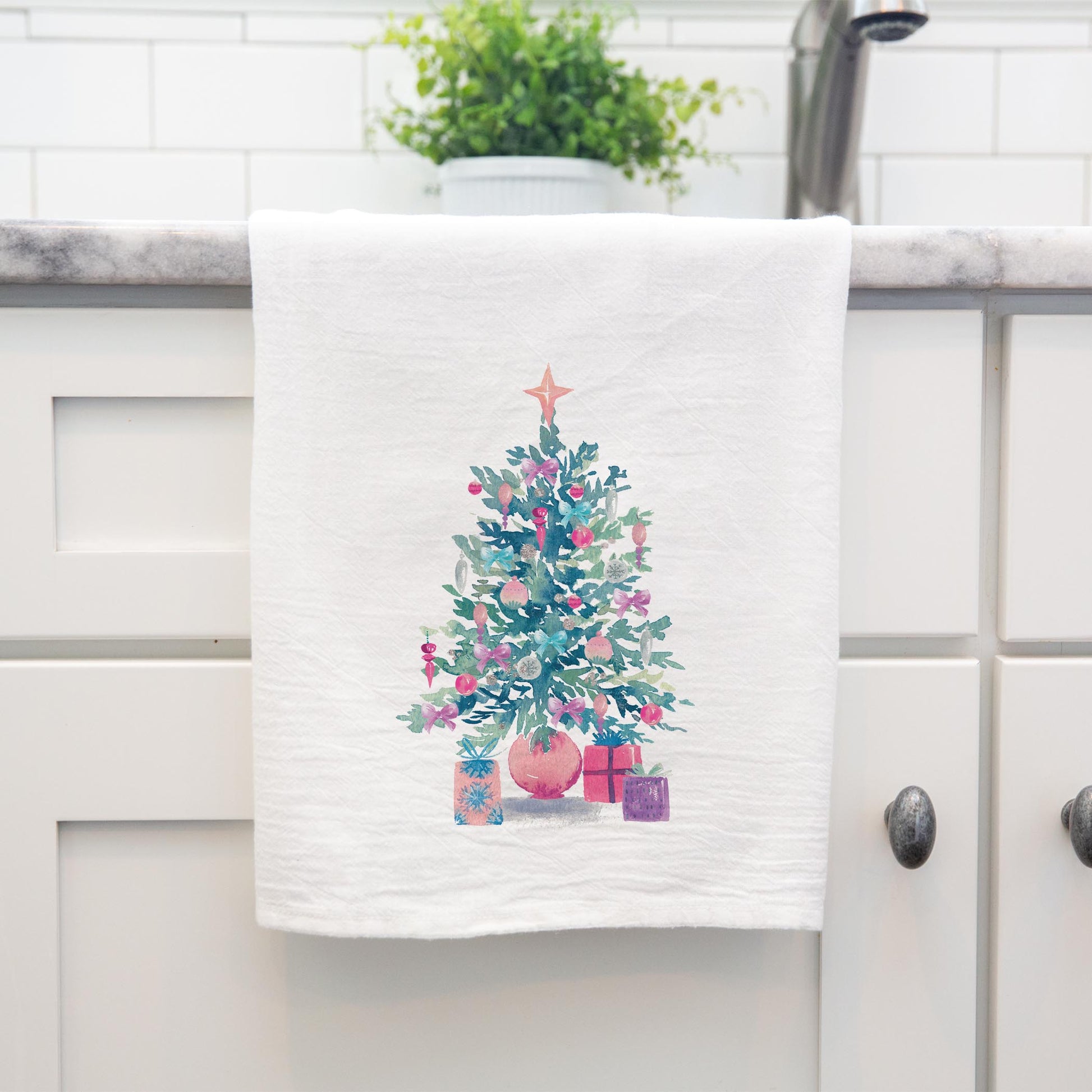 Cotton Tea Towel White-Watercolor Sugar Plum Christmas Tree -4