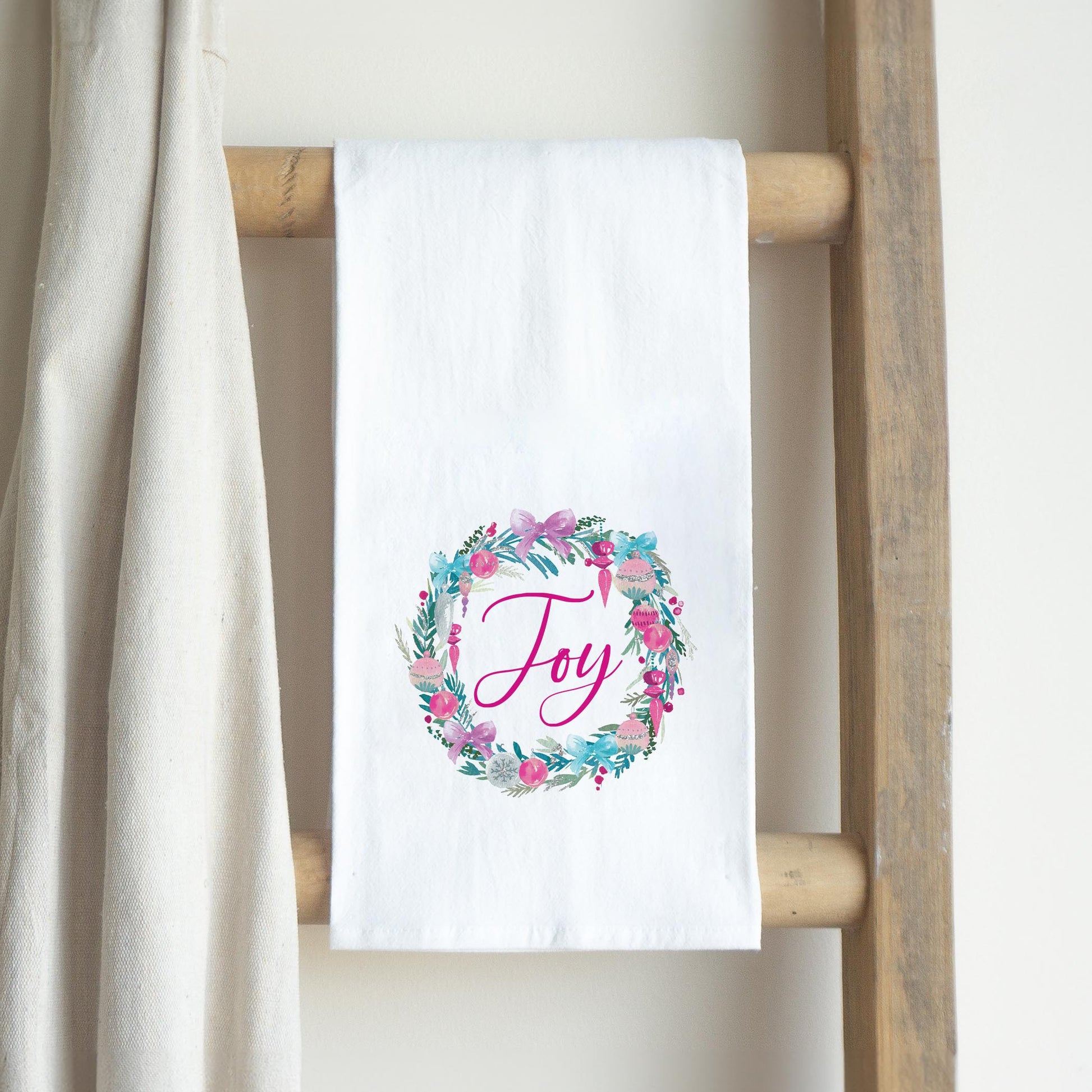 Cotton Tea Towel White-Watercolor Sugar Plum Joy Wreath -2