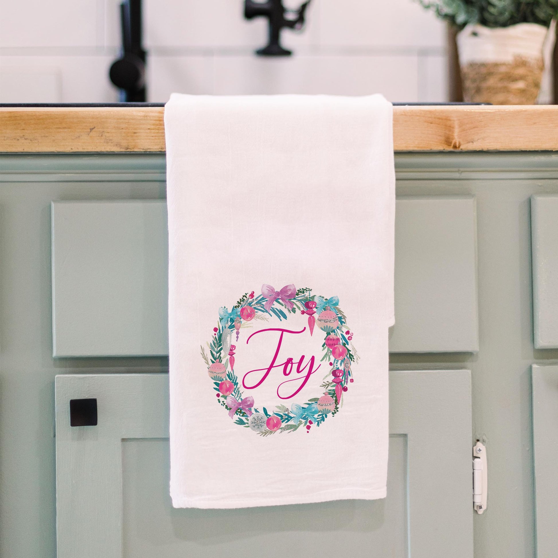 Cotton Tea Towel White-Watercolor Sugar Plum Joy Wreath -3