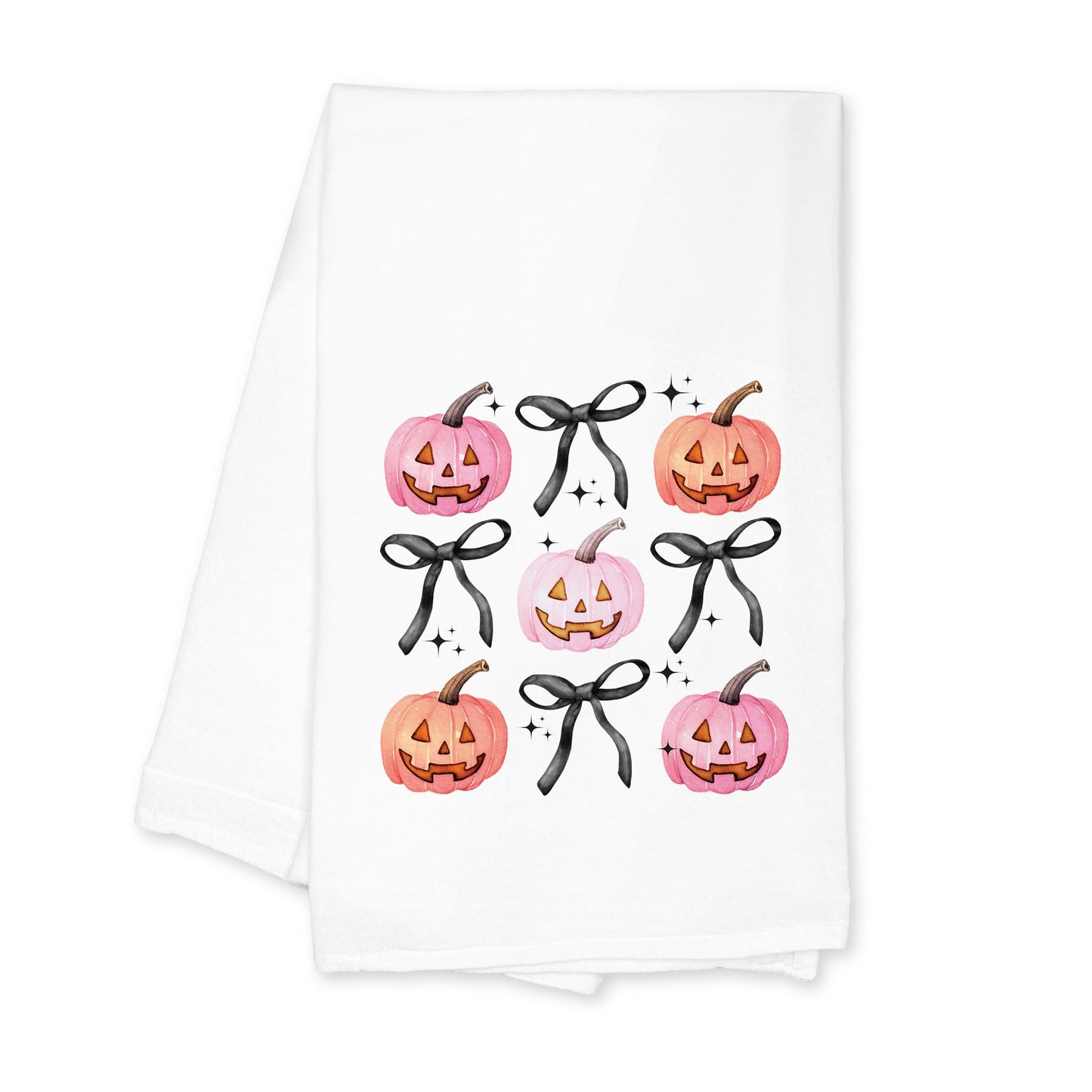 Cotton Tea Towel White - Halloween Pumpkins and Bows