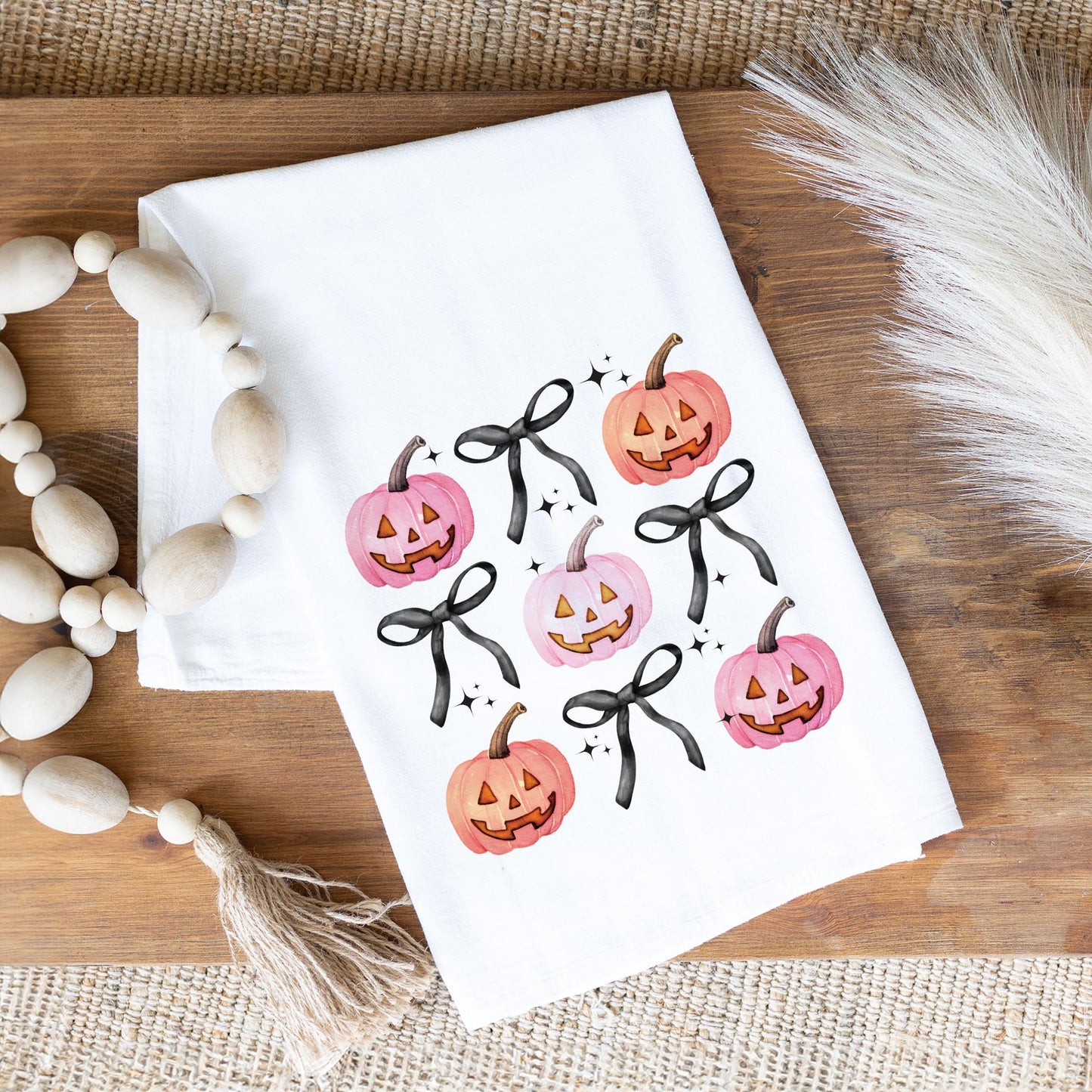 Cotton Tea Towel White - Halloween Pumpkins and Bows