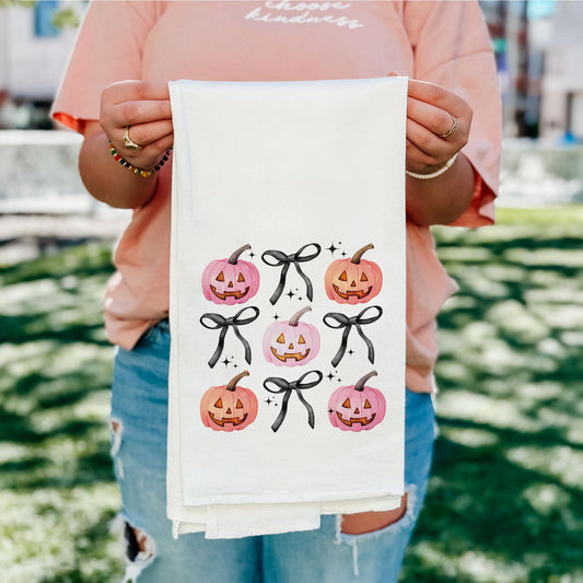 Cotton Tea Towel White - Halloween Pumpkins and Bows