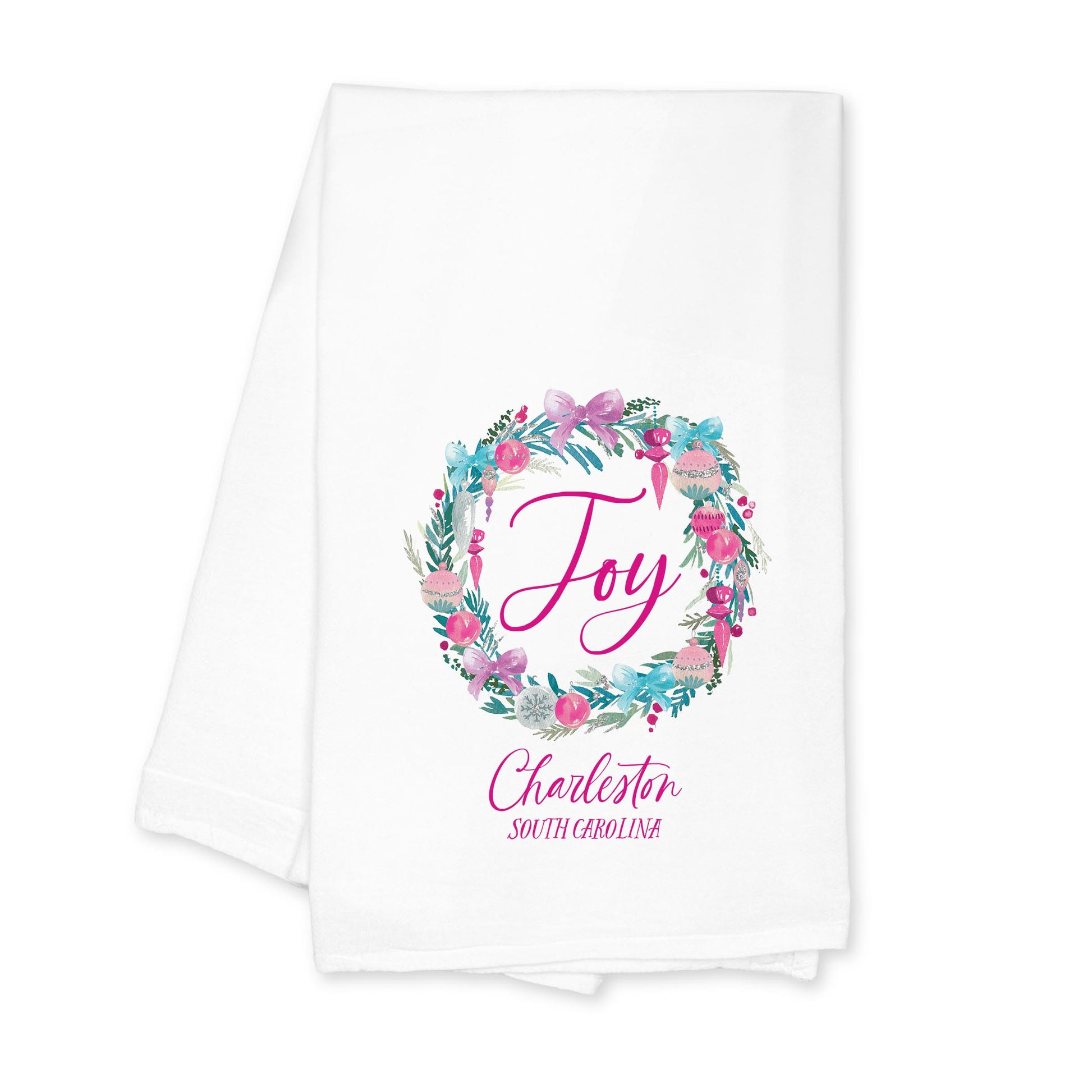 Cotton Tea Towel White-Watercolor Sugar Plum Joy Wreath -0