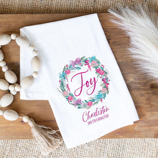Cotton Tea Towel White-Watercolor Sugar Plum Joy Wreath -1