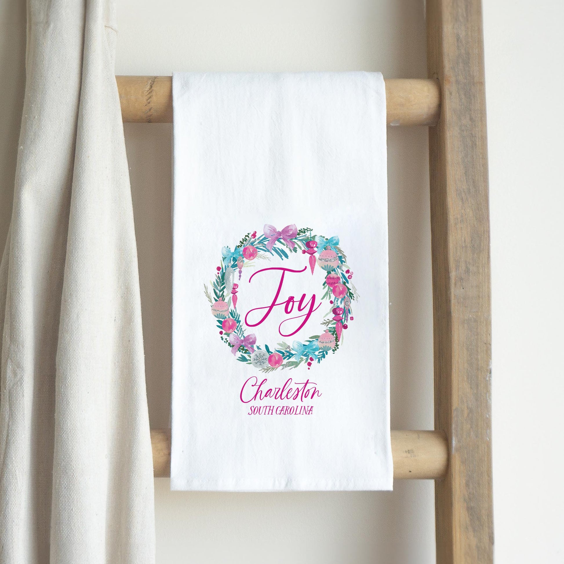 Cotton Tea Towel White-Watercolor Sugar Plum Joy Wreath -2