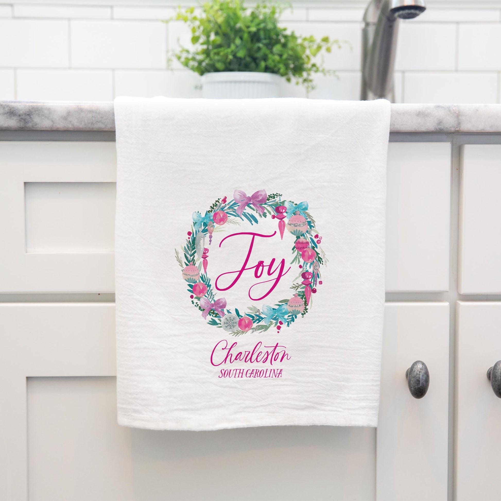 Cotton Tea Towel White-Watercolor Sugar Plum Joy Wreath -3