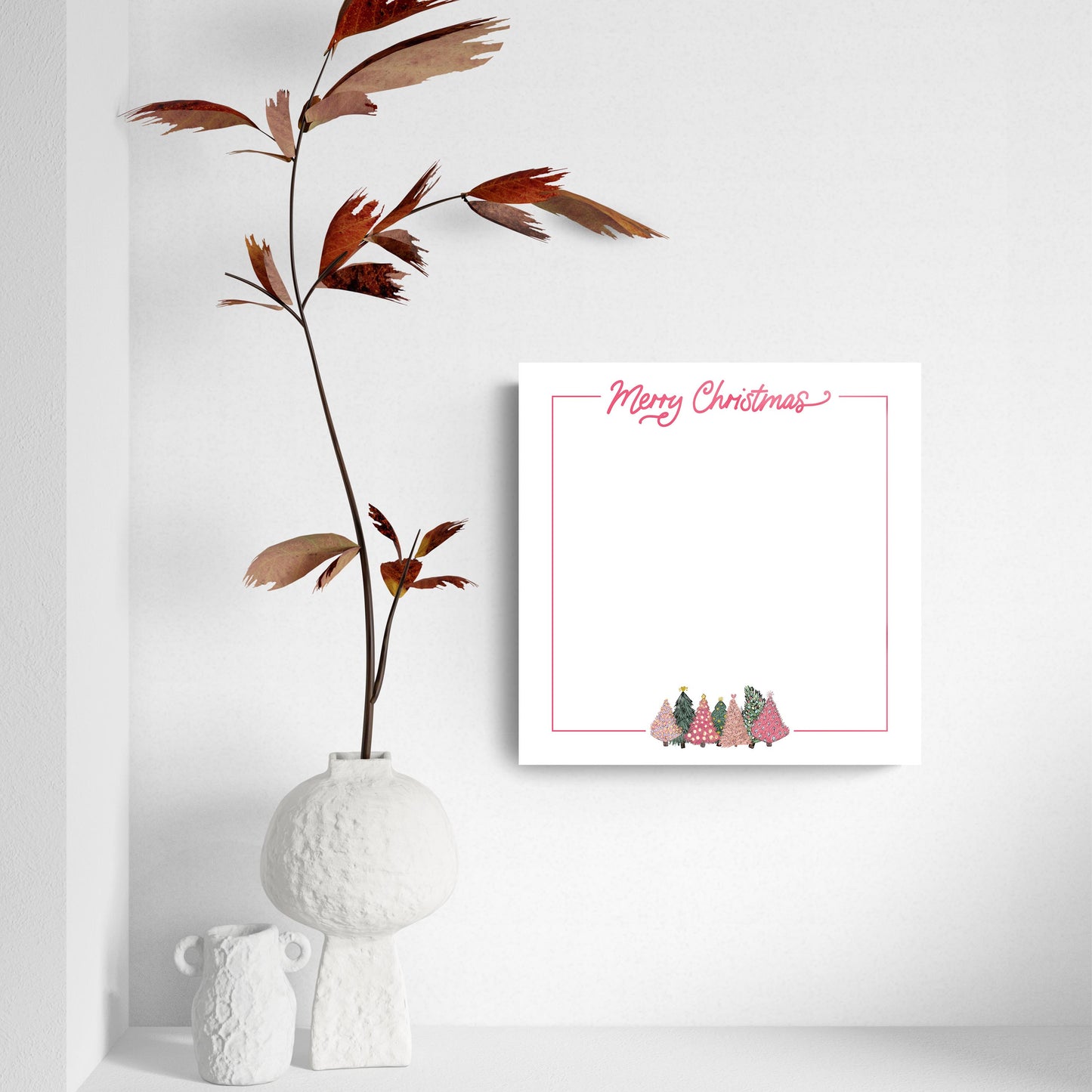 8x8 Glass Dry Erase-Pink Trees Merry Christmas Notes