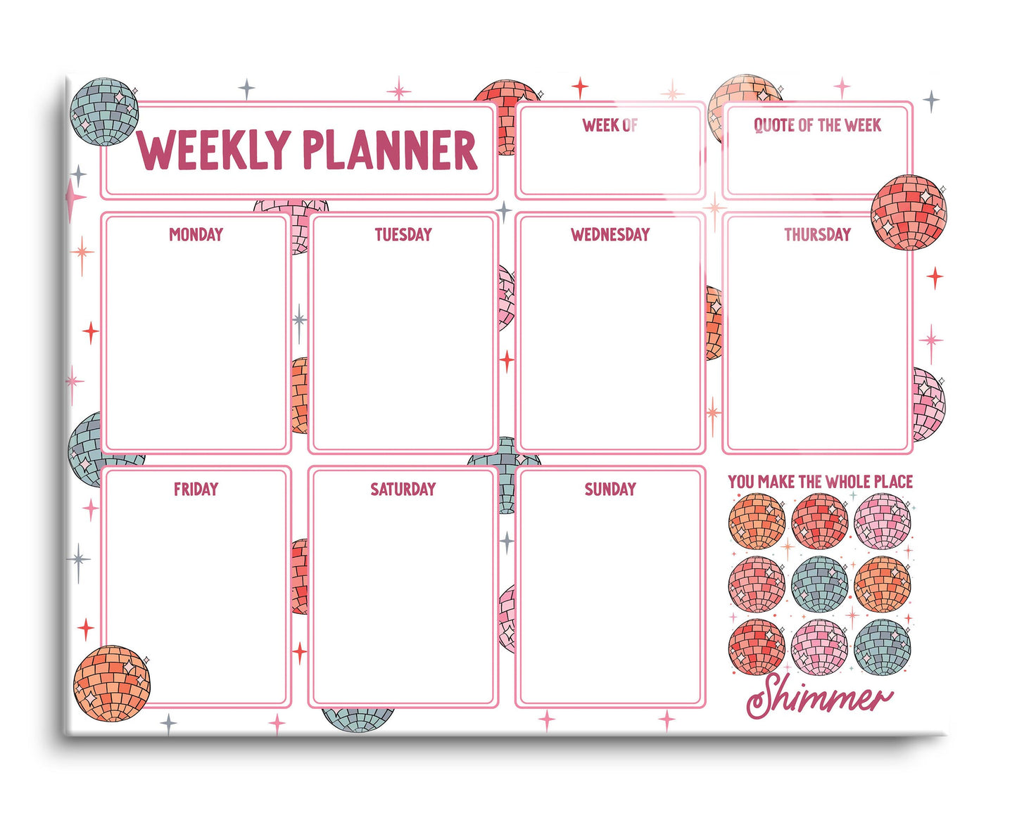 12x16 Glass Dry Erase Horizontal-Weekly Planner Disco Balls